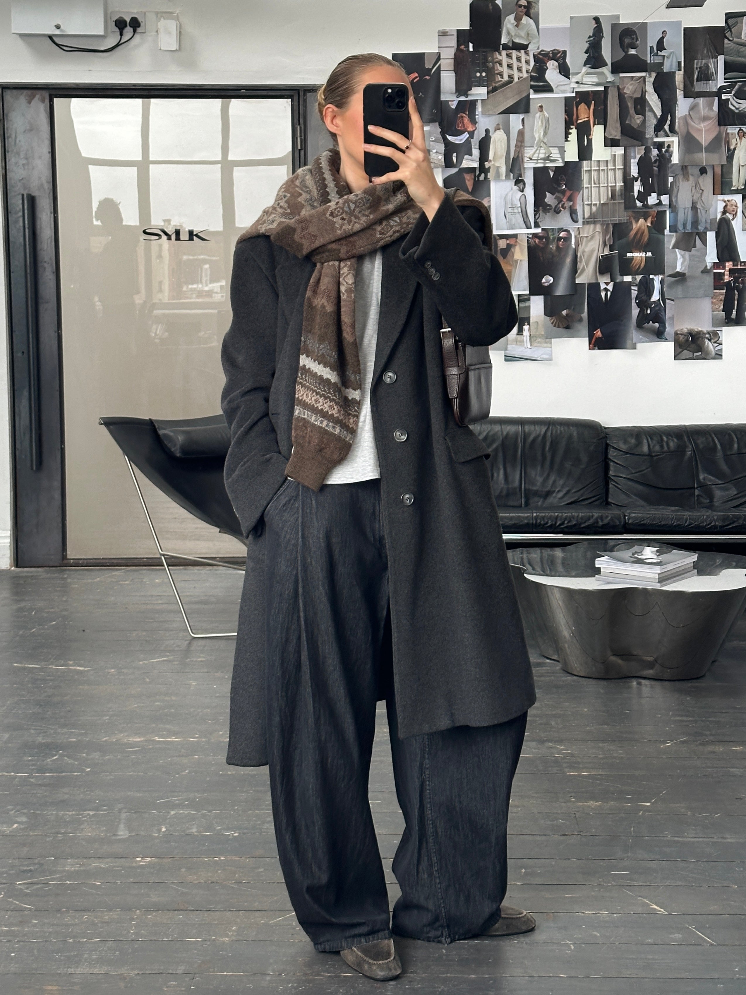 Vintage 1980s pure cashmere coat with concealed placket, oversized XL fit, soft textured fabric, in classic timeless style.