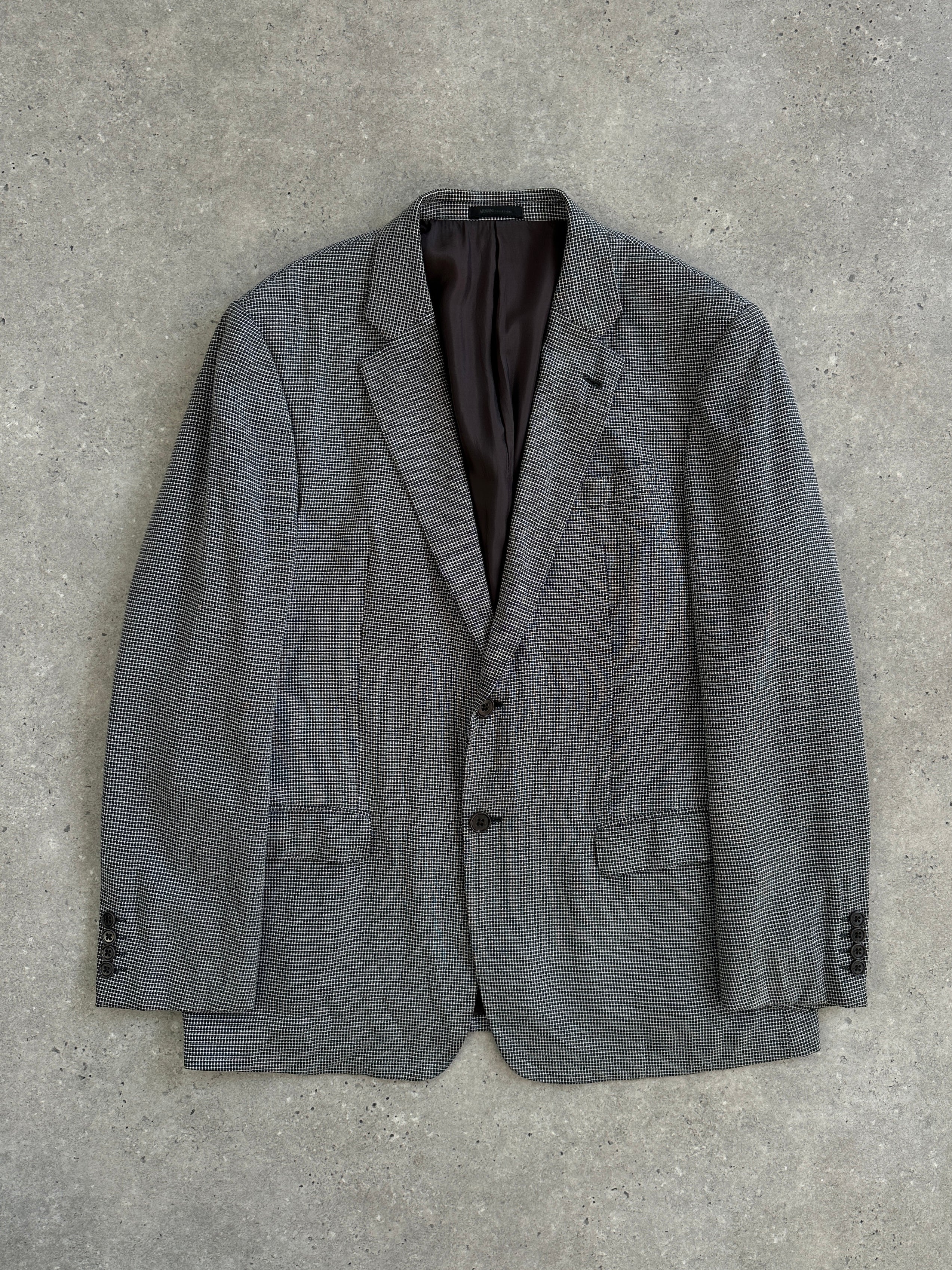 Armani Collezioni 2000s wool single-breasted blazer in size 42R/XL, dark gray with notch lapels, displayed on a hanger.