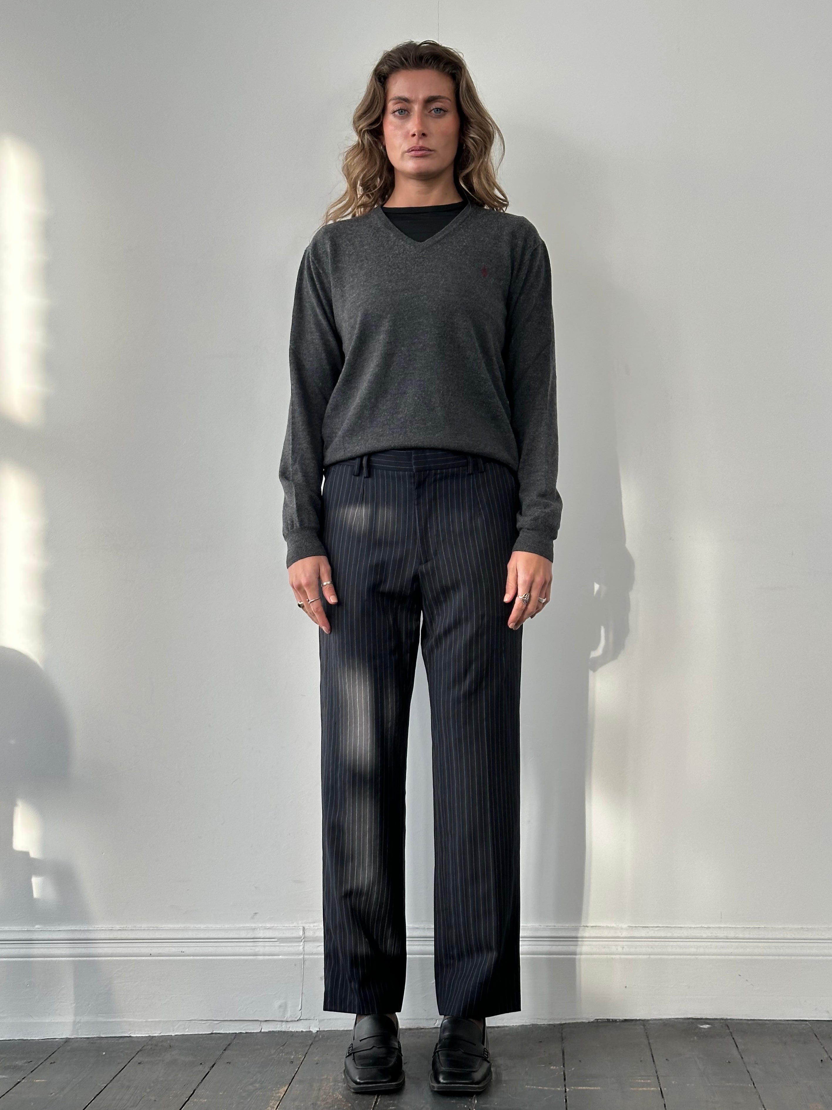 Dolce & Gabbana pure wool mid-low rise stripe trousers, W32, showcasing classic tailored fit and stylish design details.