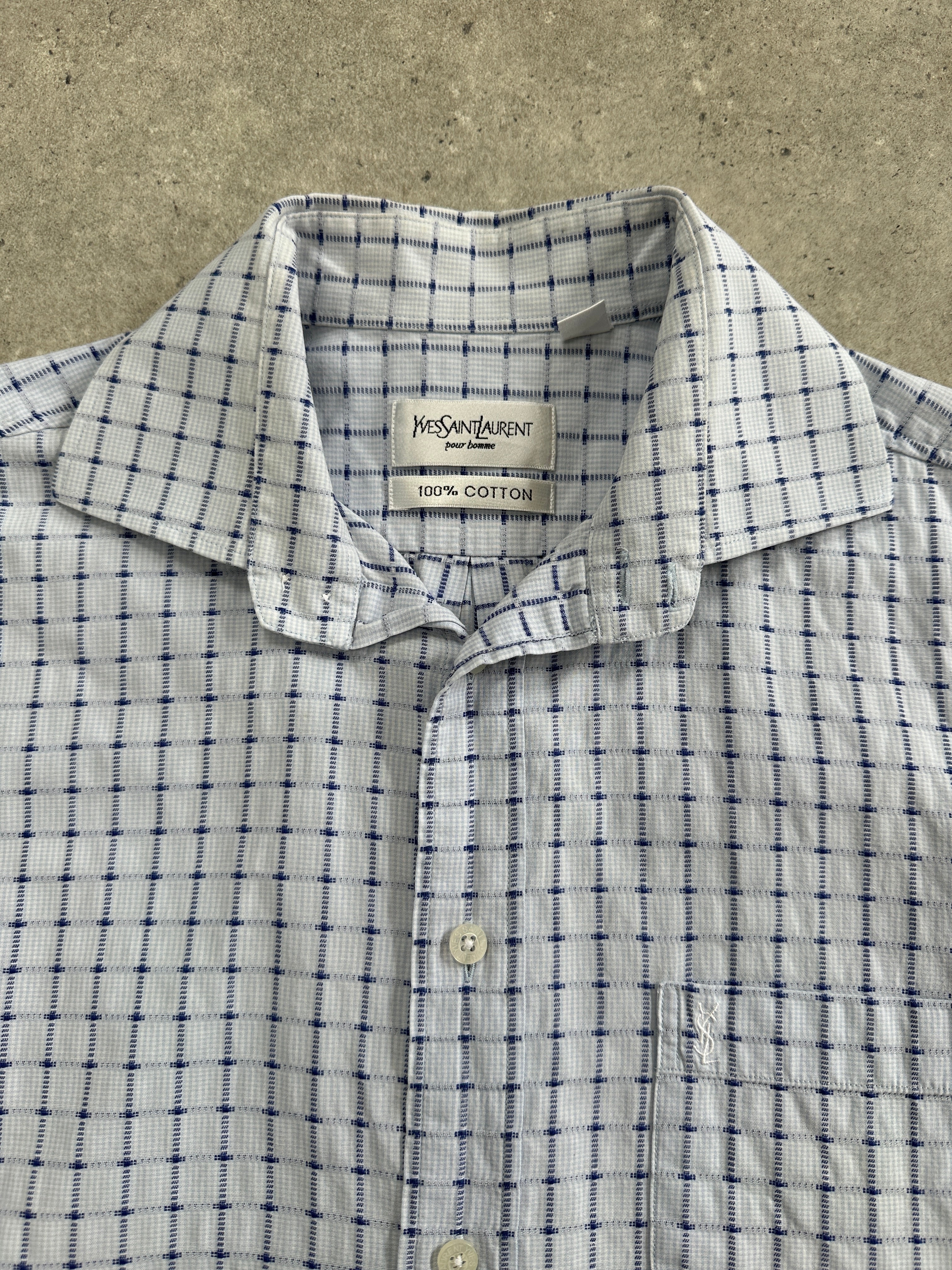 Yves Saint Laurent Pour Homme check short sleeve cotton shirt in size L with logo detail, classic 2000s style.