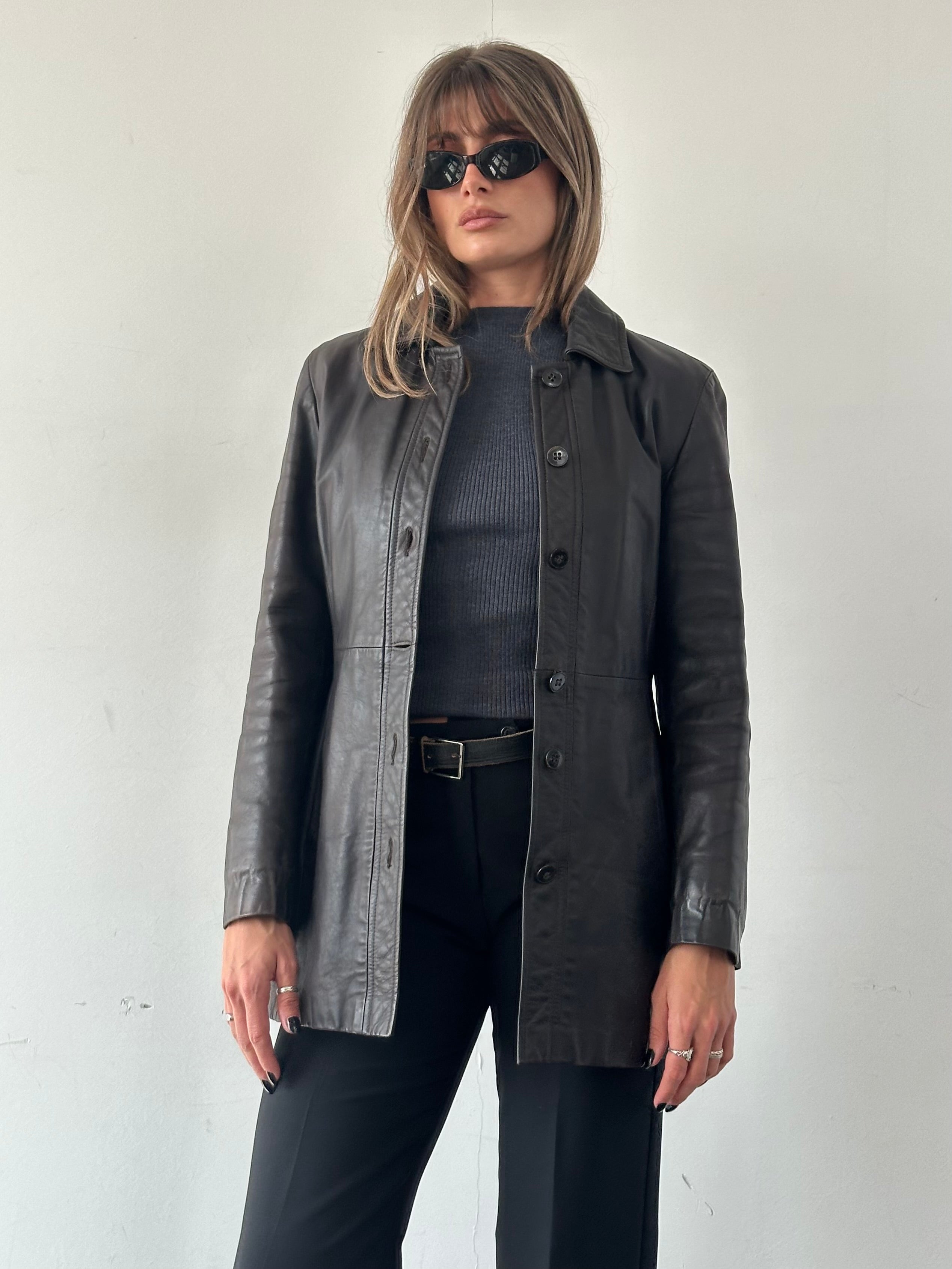 Emporio Armani leather jacket in size S, black with classic design, featuring smooth leather and stylish collar.