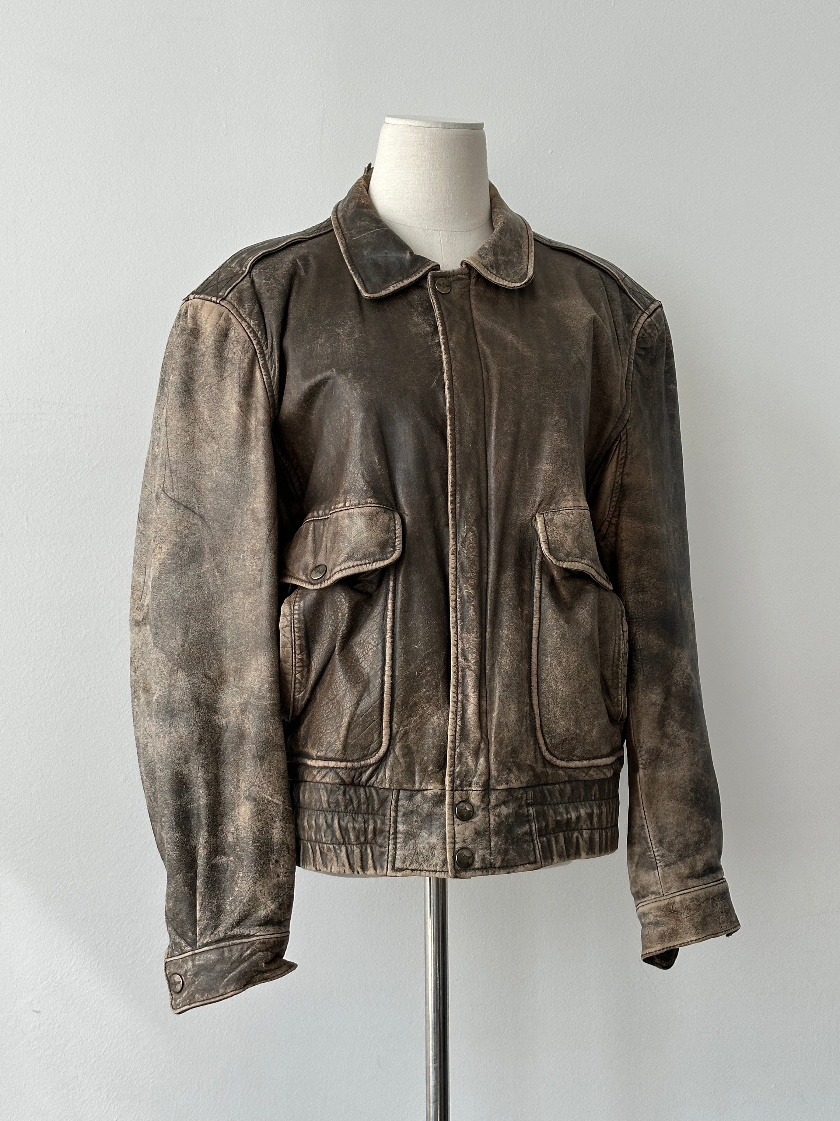 Vintage 1990s Distressed Leather Bomber Jacket - M-L