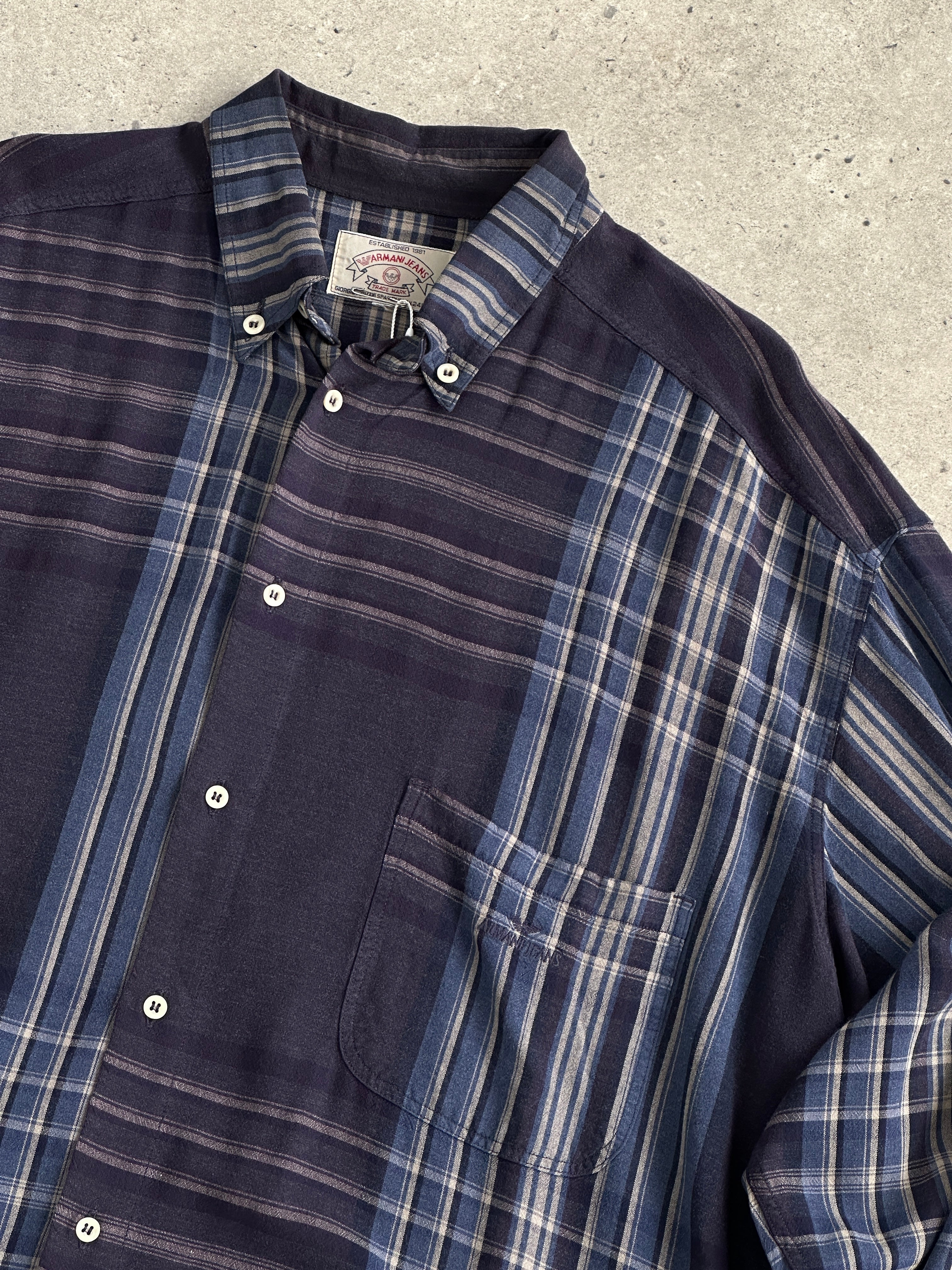 Armani Jeans oversized 90s check flannel logo shirt in XXL with bold red and black plaid pattern and classic logo branding.