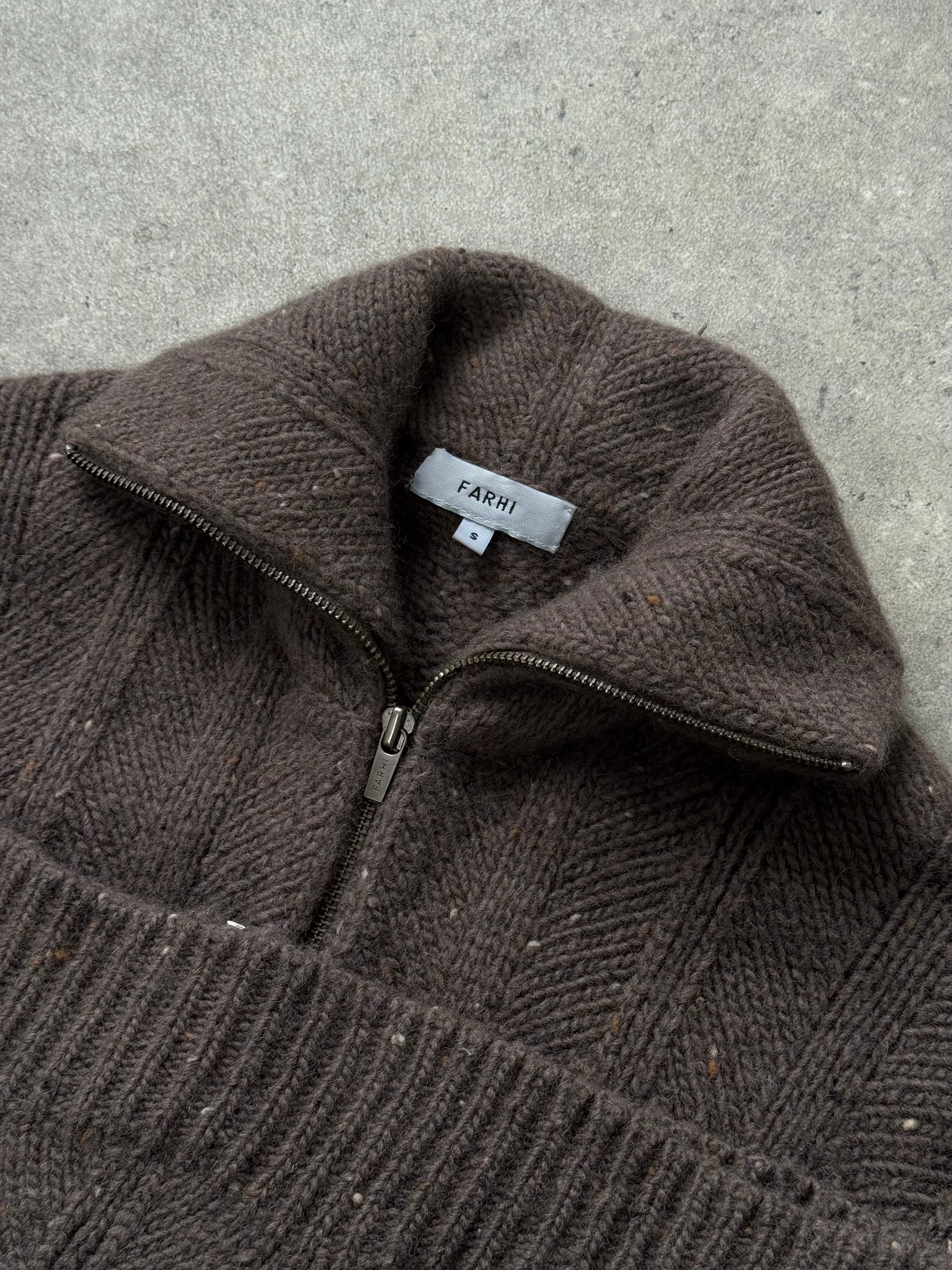 Nicole Farhi 1990s pure wool funnel neck bomber jacket in neutral tones, showcasing the classic style and textured fabric.