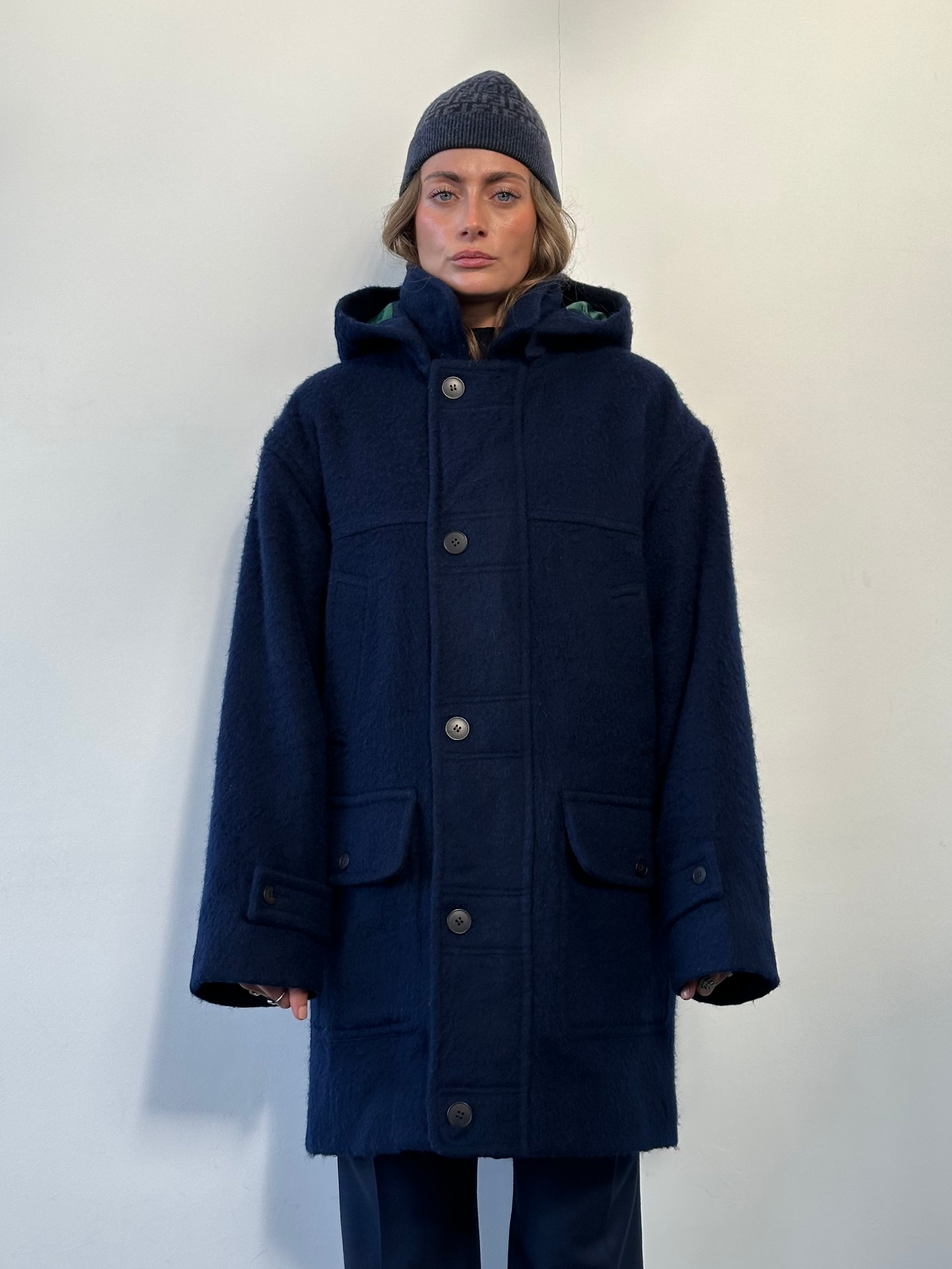 Yves Saint Laurent 1980s pure wool hooded coat in XL/XXL, featuring a classic design and tailored fit.