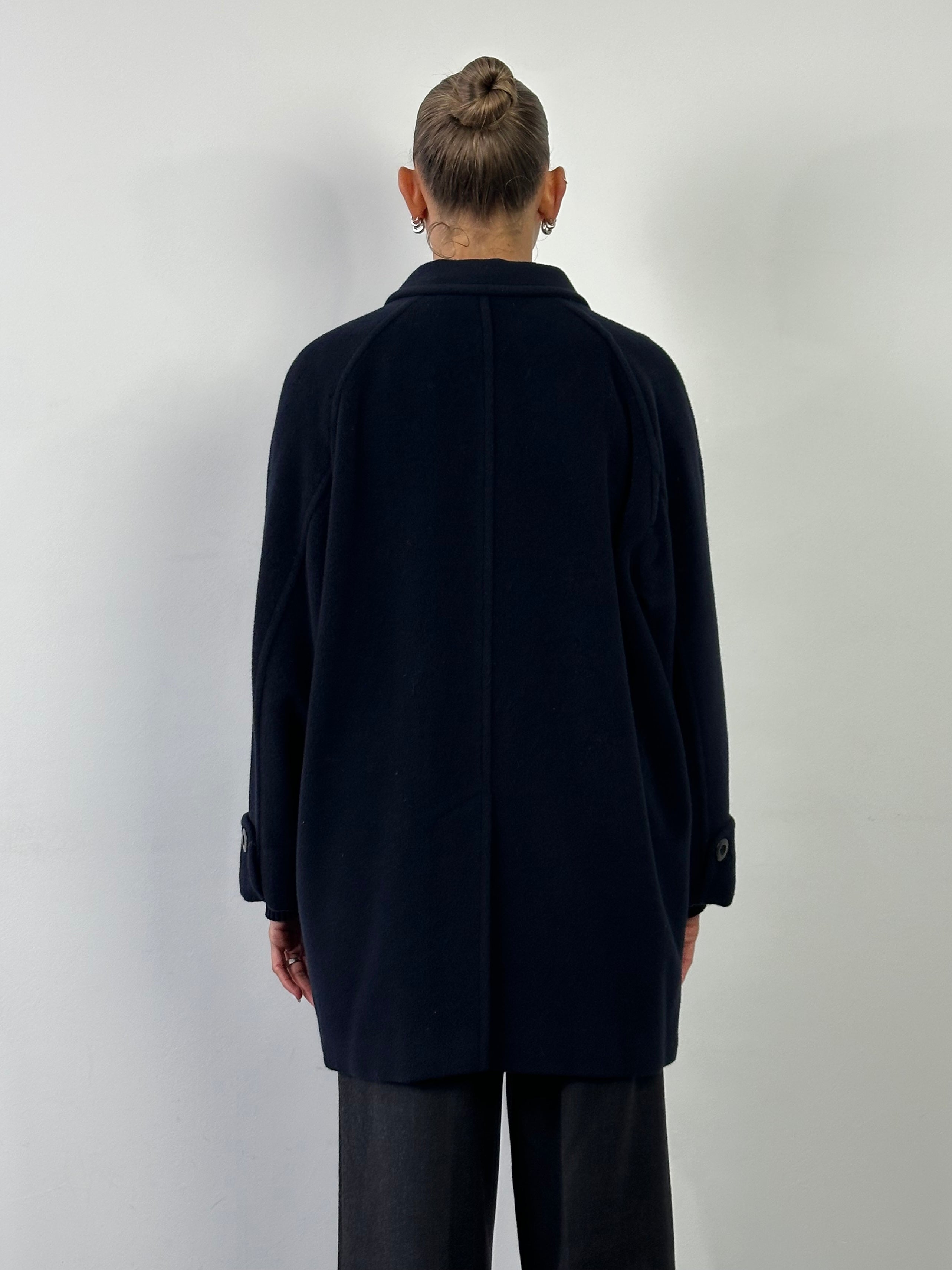 Marella Virgin Wool Cashmere Double Breasted Coat in size L, featuring a classic tailored design with lapels and button closure.