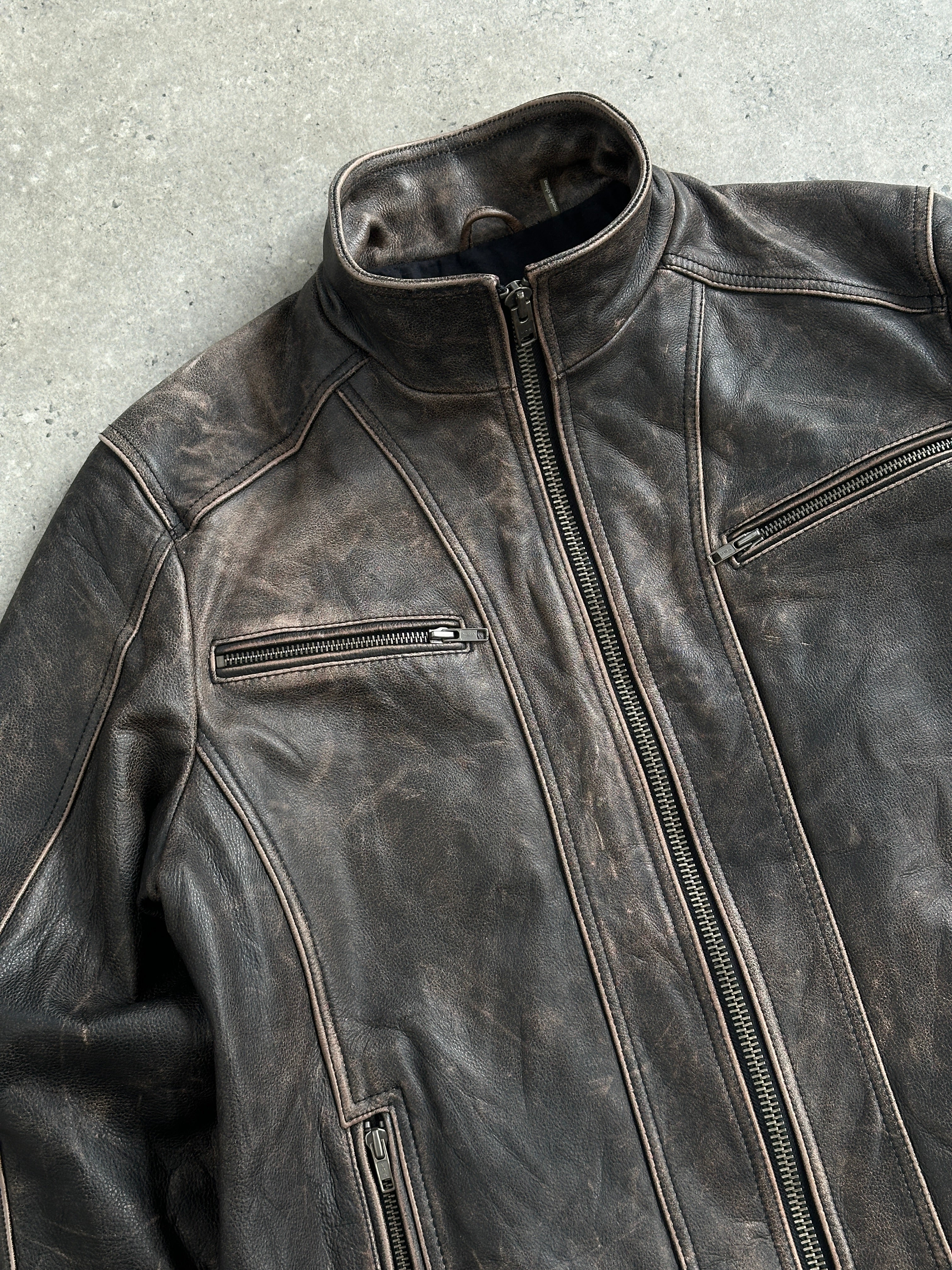 Vintage 2000s Distressed High Neck Leather Jacket - XL | SYLK