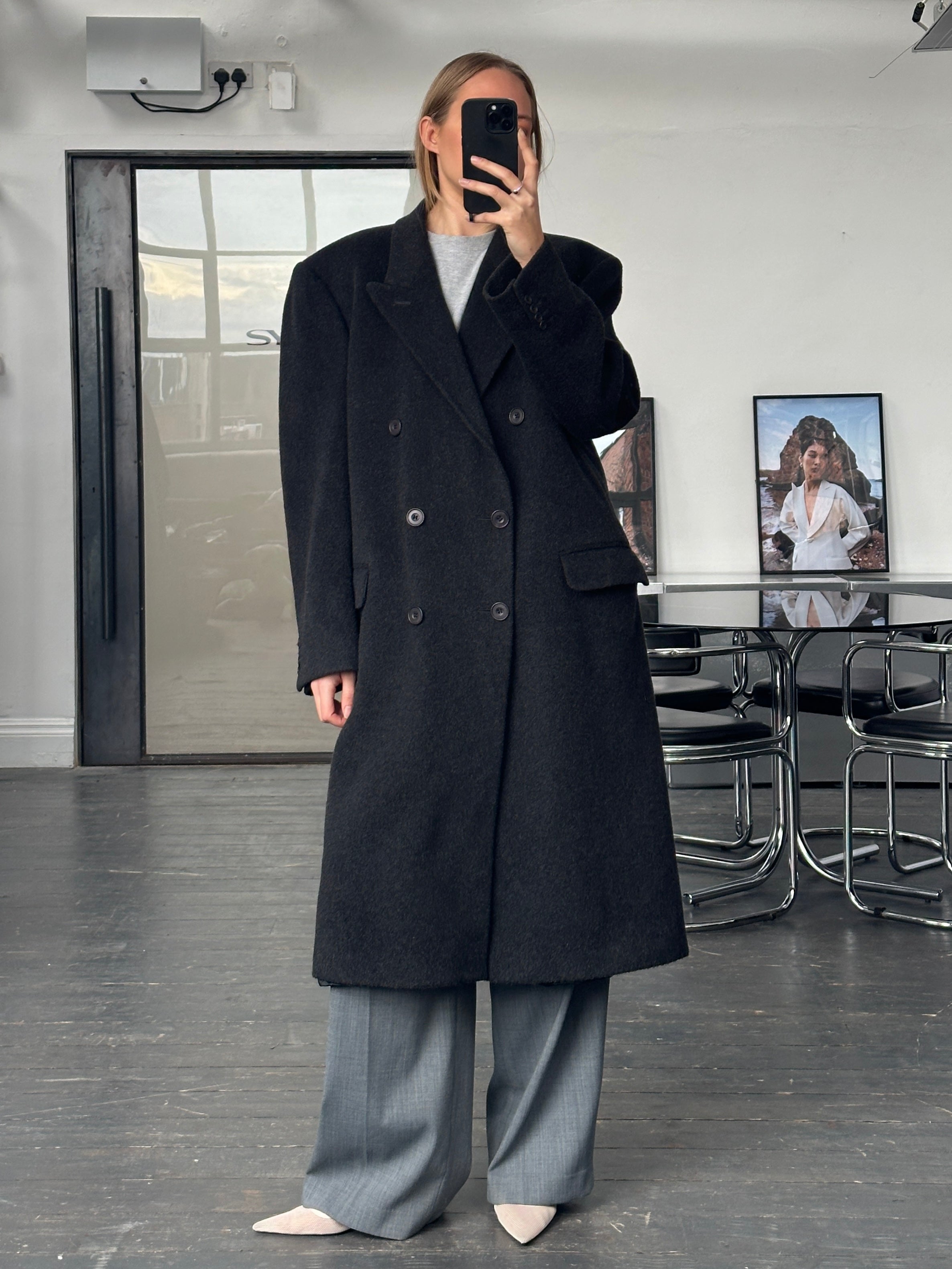 Vintage British 1990s wool cashmere double-breasted coat in XL, featuring classic design and rich texture.