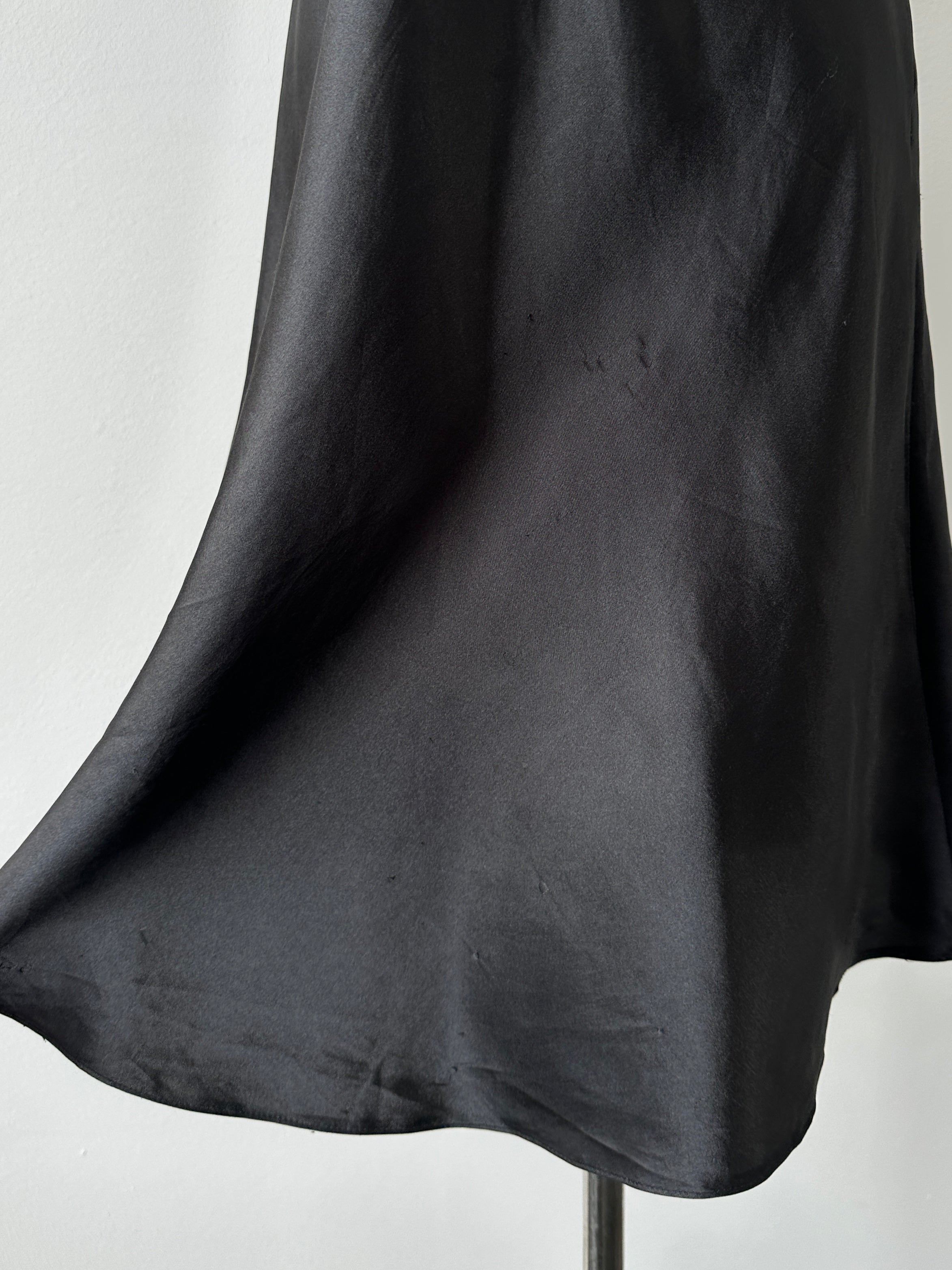Vintage 1990s satin lace midi slip dress, size M, featuring delicate lace details and a smooth satin finish.