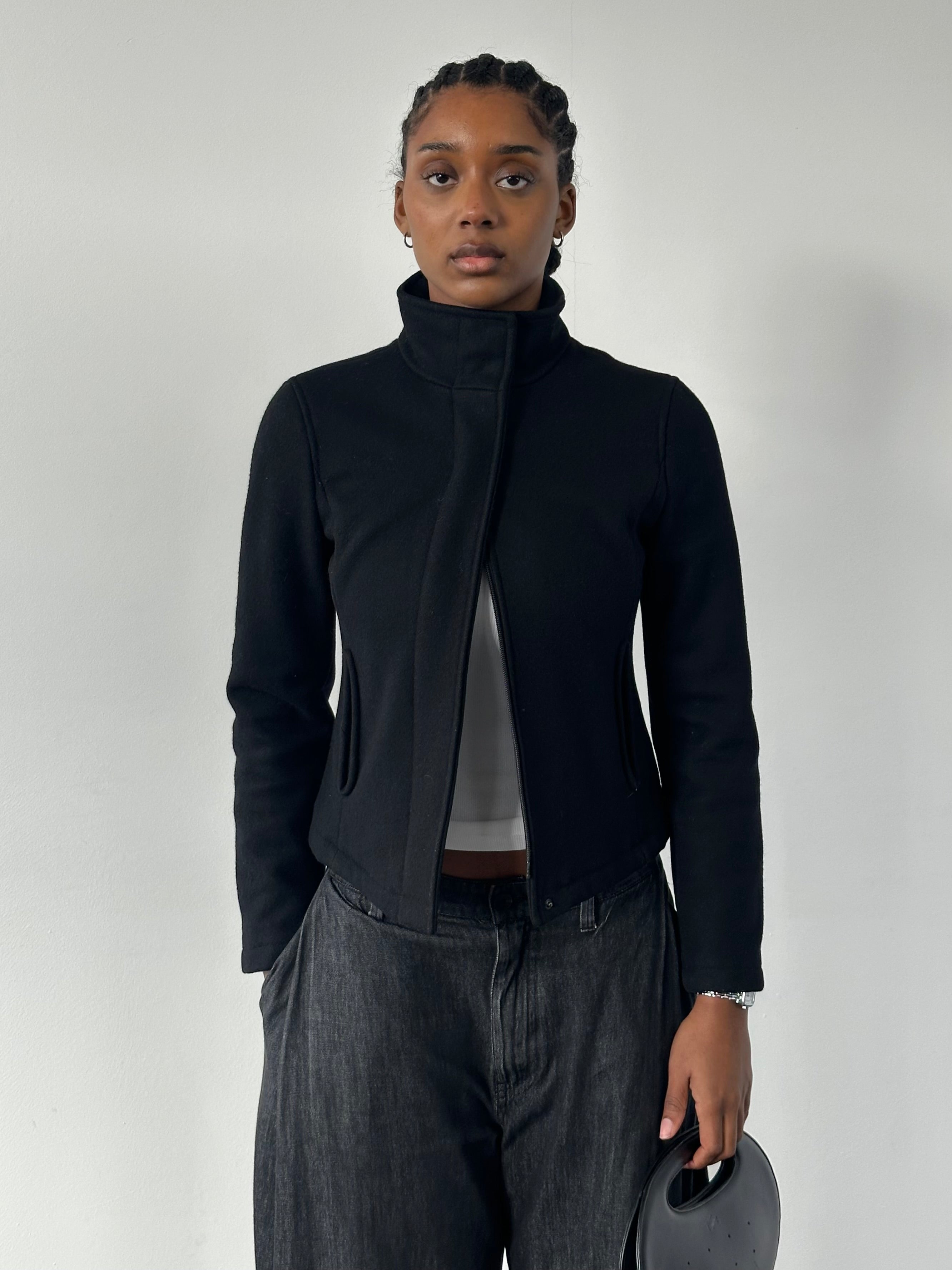 Armani Jeans 2000s wool high-neck minimal jacket in size S, shown in a sleek, tailored design with a high collar.