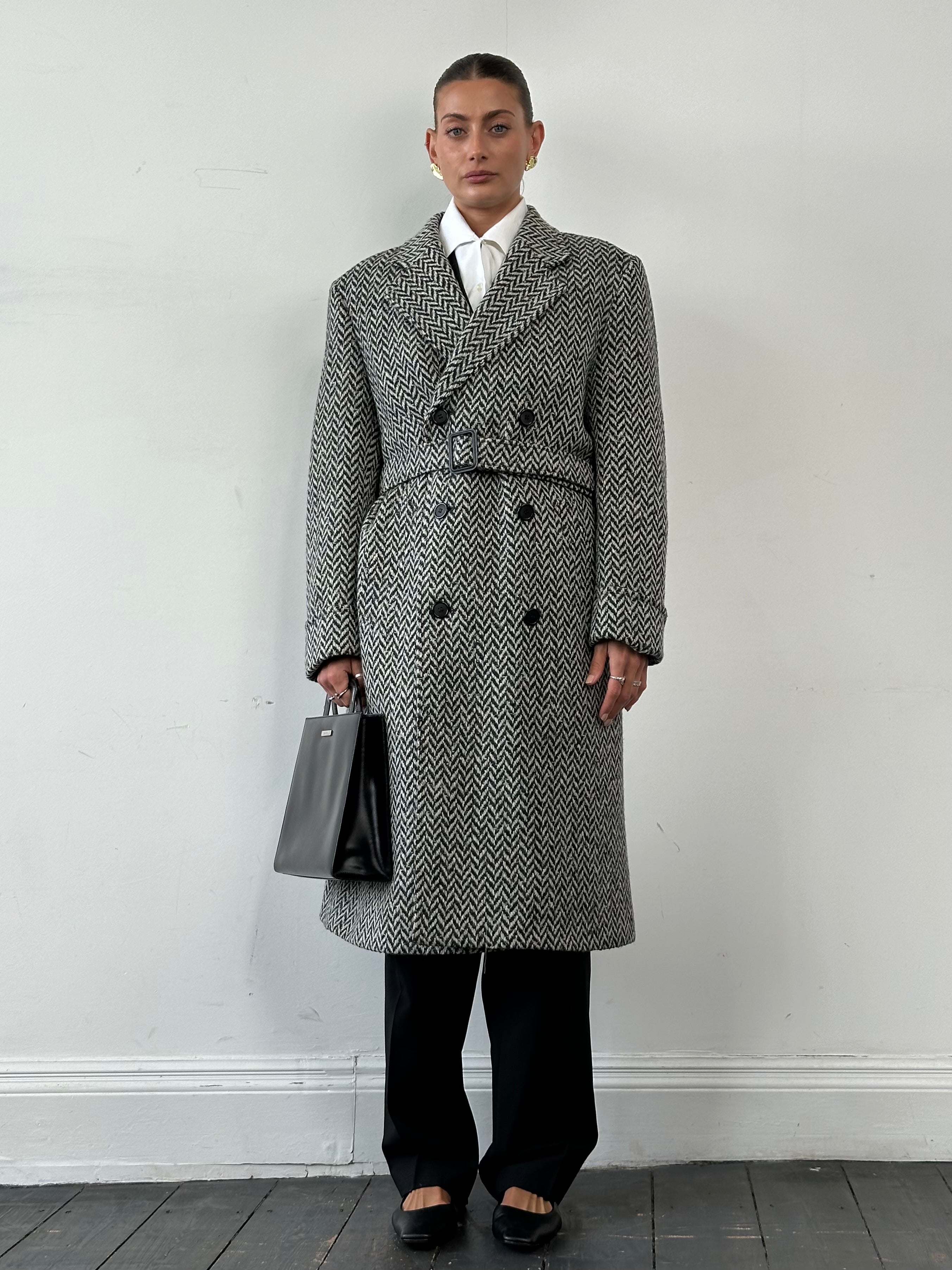 Pierre Cardin pure wool herringbone belted coat in XL, front view showing classic pattern and stylish belted design.