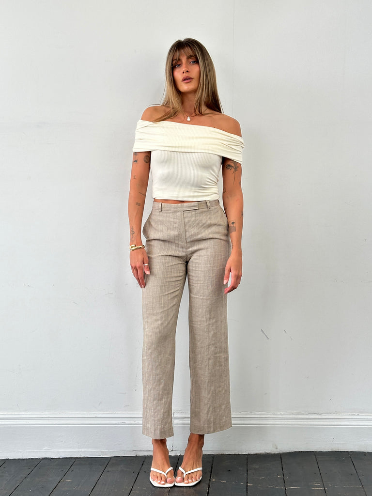 Armani Collezioni Cotton Linen Stripe Mid Rise Straight Leg Trousers - W26 - SYLK