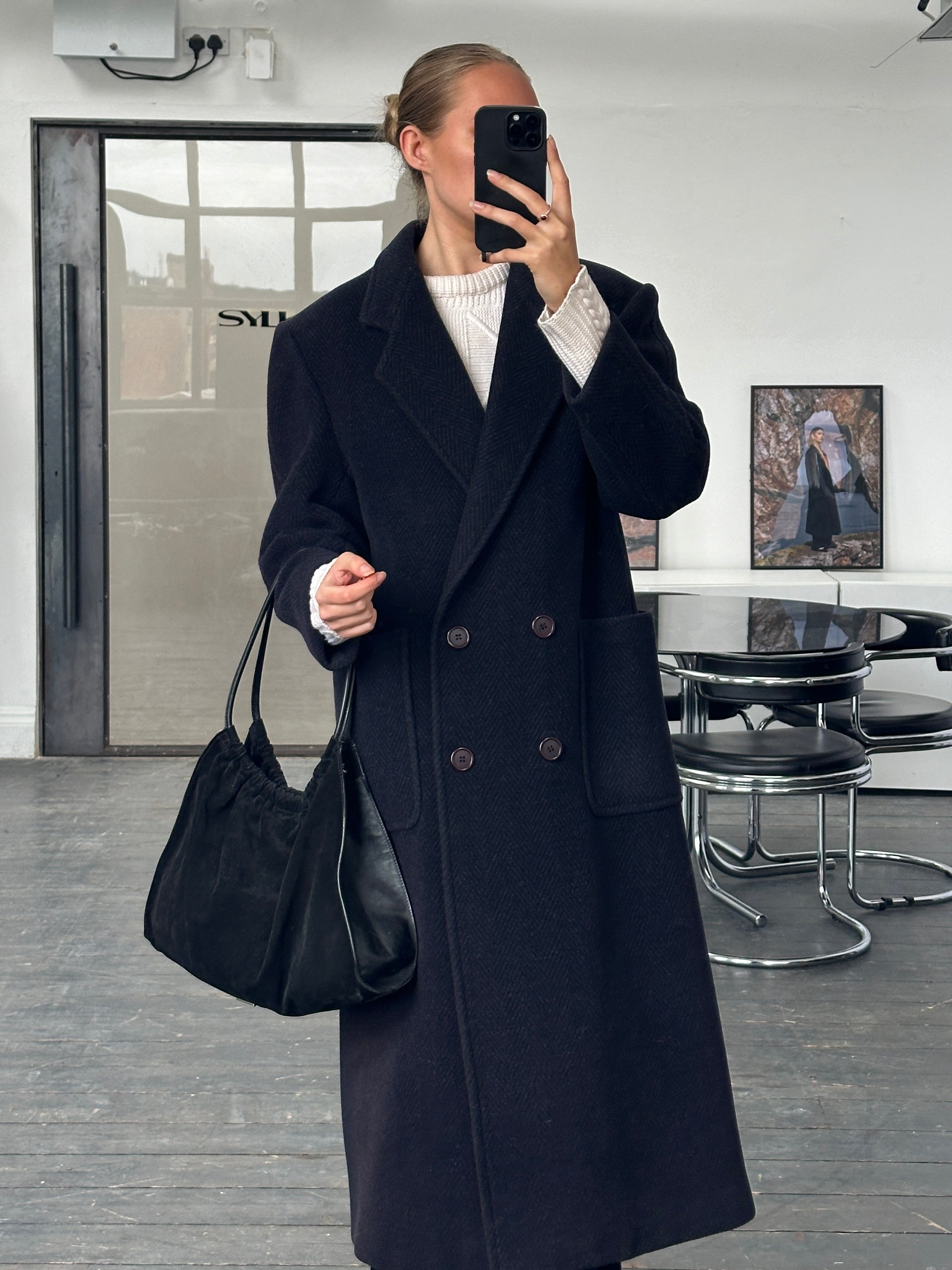 Burberry 1990s herringbone wool double-breasted coat in camel color, size M/L, showcasing tailored lapels and button details.