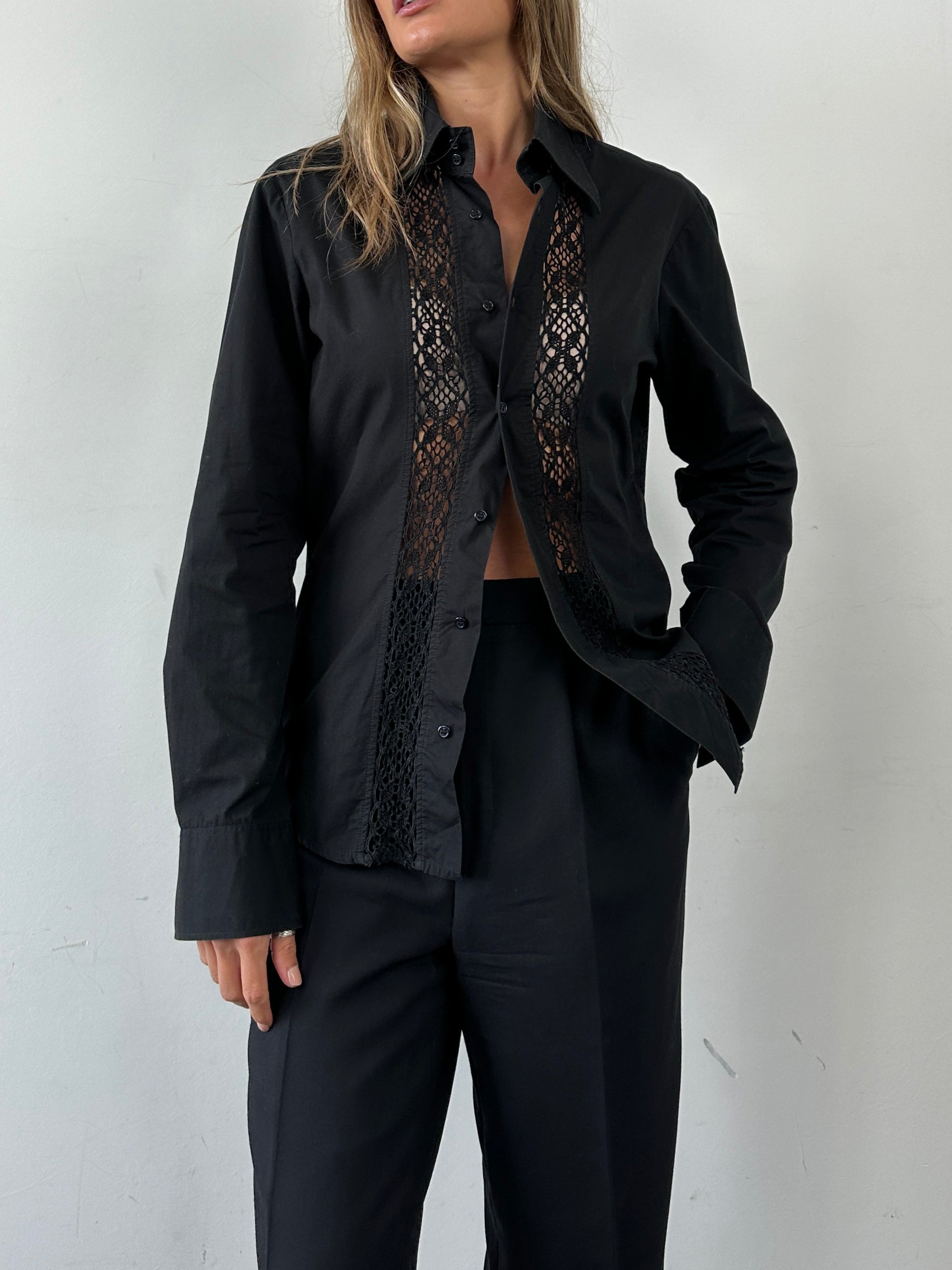 Vintage Pure Cotton Lace Panel Shirt in size S, featuring delicate lace details and classic button-up design.