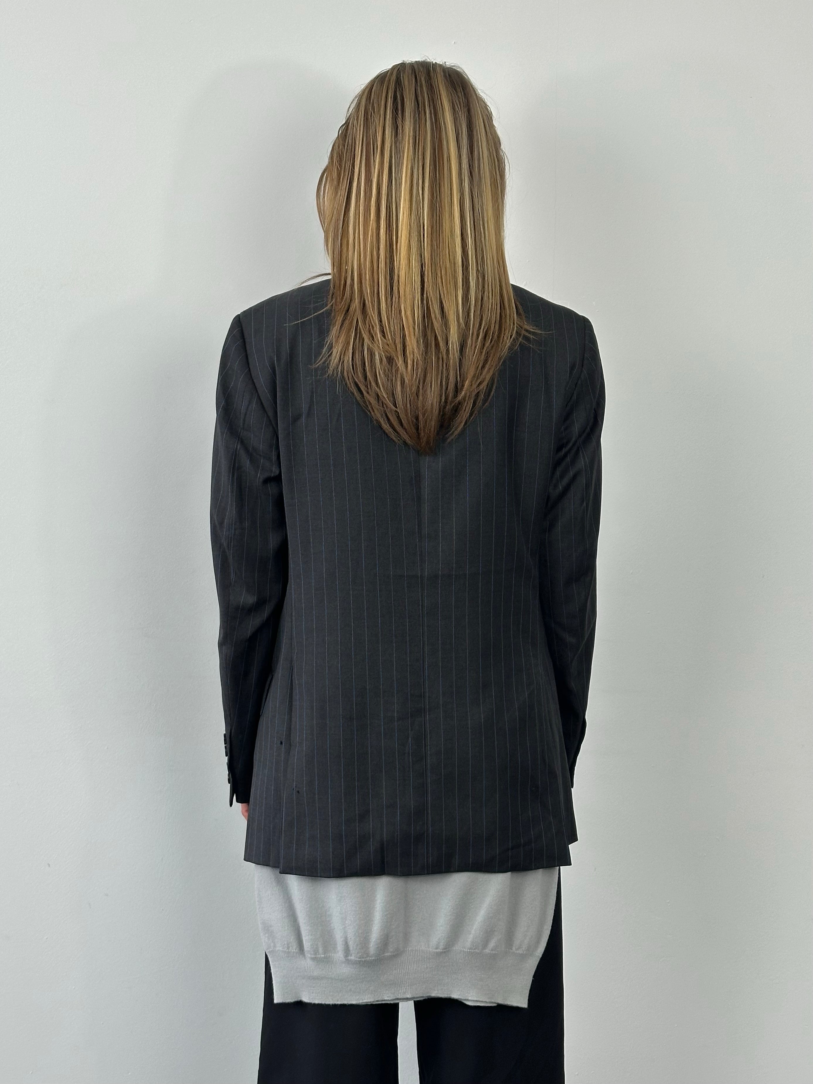 Loro Piana x Hackett 2000s pure wool striped blazer in size L, tailored fit with classic navy and white stripe pattern.