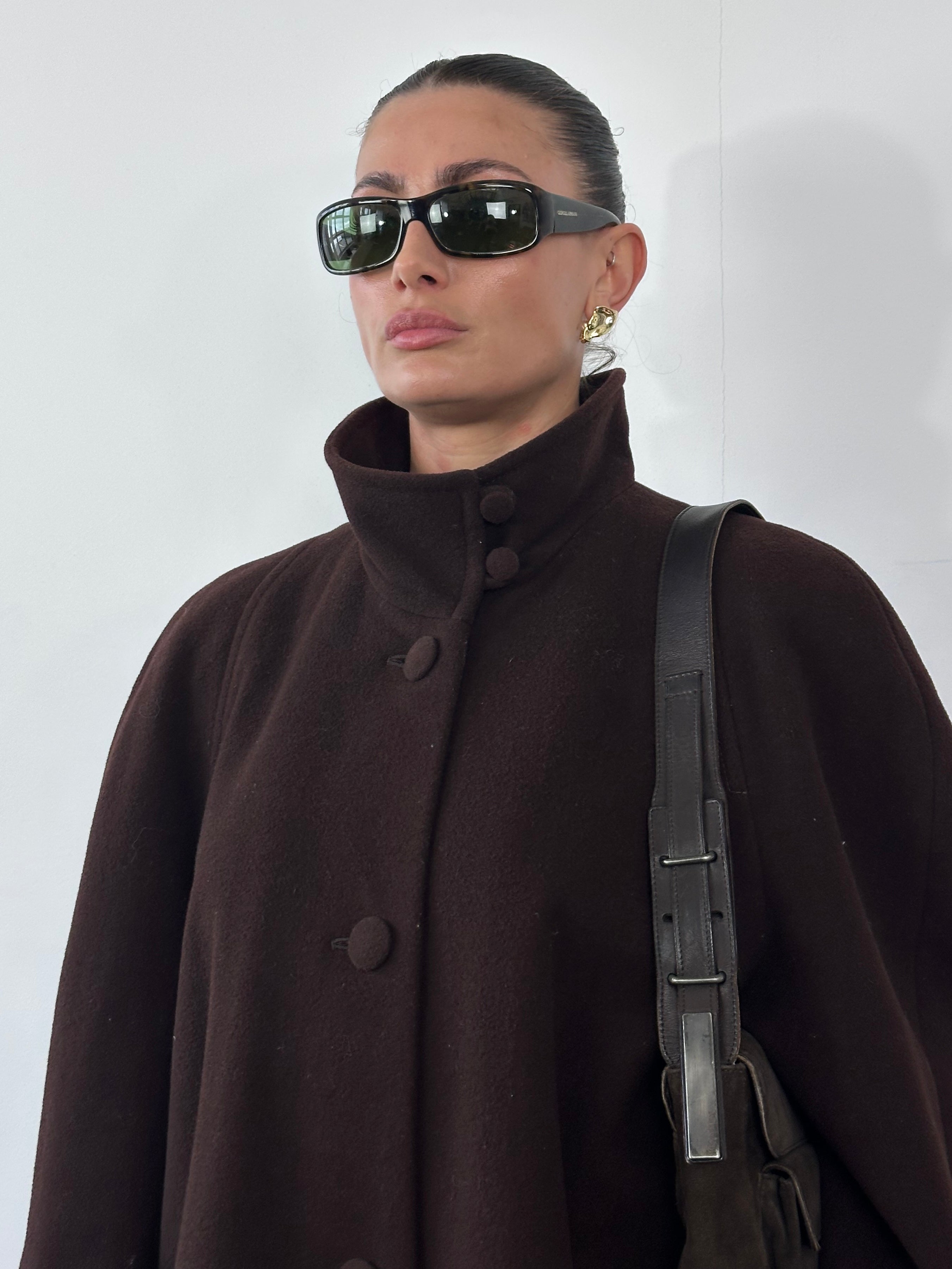 Vintage brand wool A-line funnel neck coat in size XL, stylish vintage outerwear featuring a classic design and cozy wool fabric.