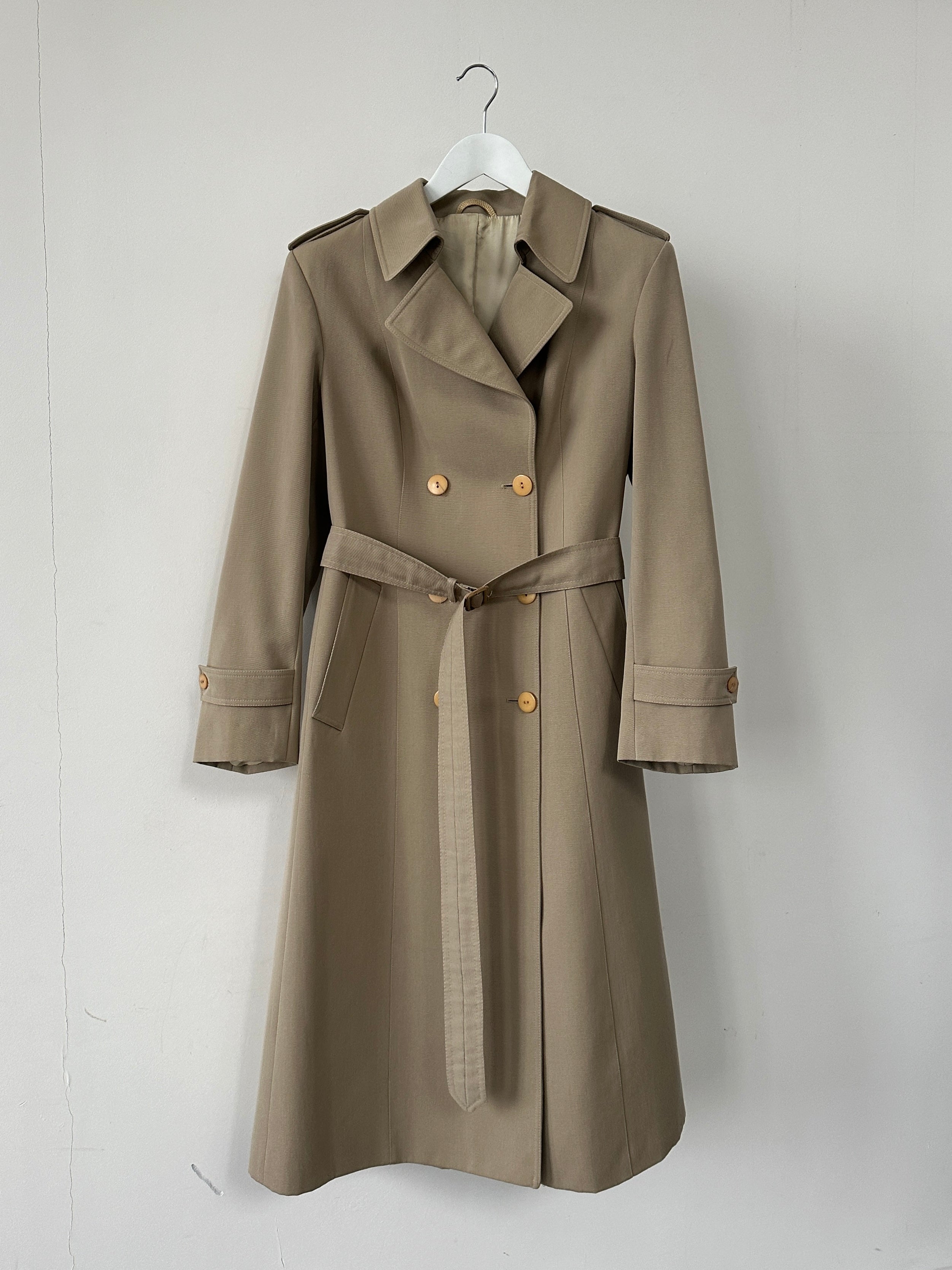 Vintage Italian double-breasted pure wool trench coat with belt, classic vintage style in S/M size.
