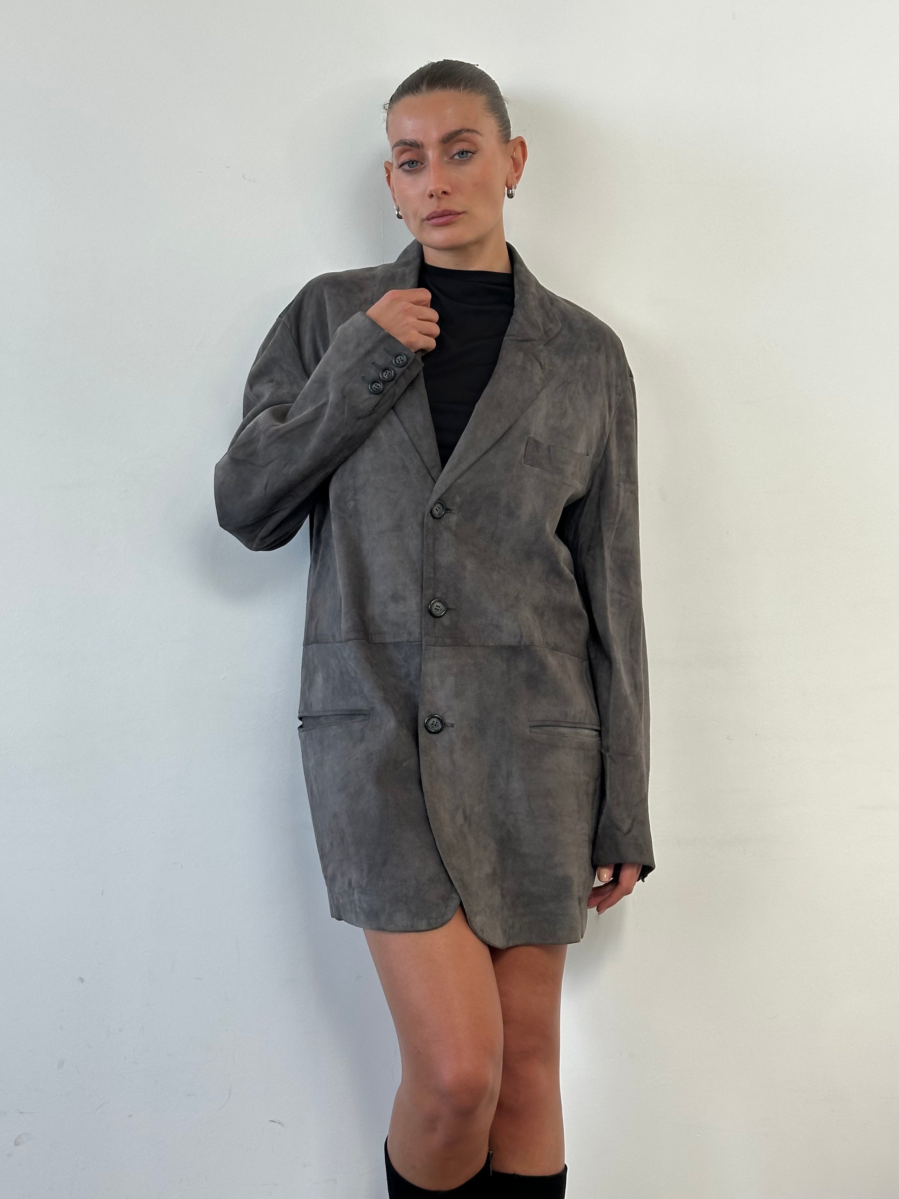 Giorgio Armani Black Label suede blazer jacket in size L, tailored fit with classic lapel, displayed on a hanger.