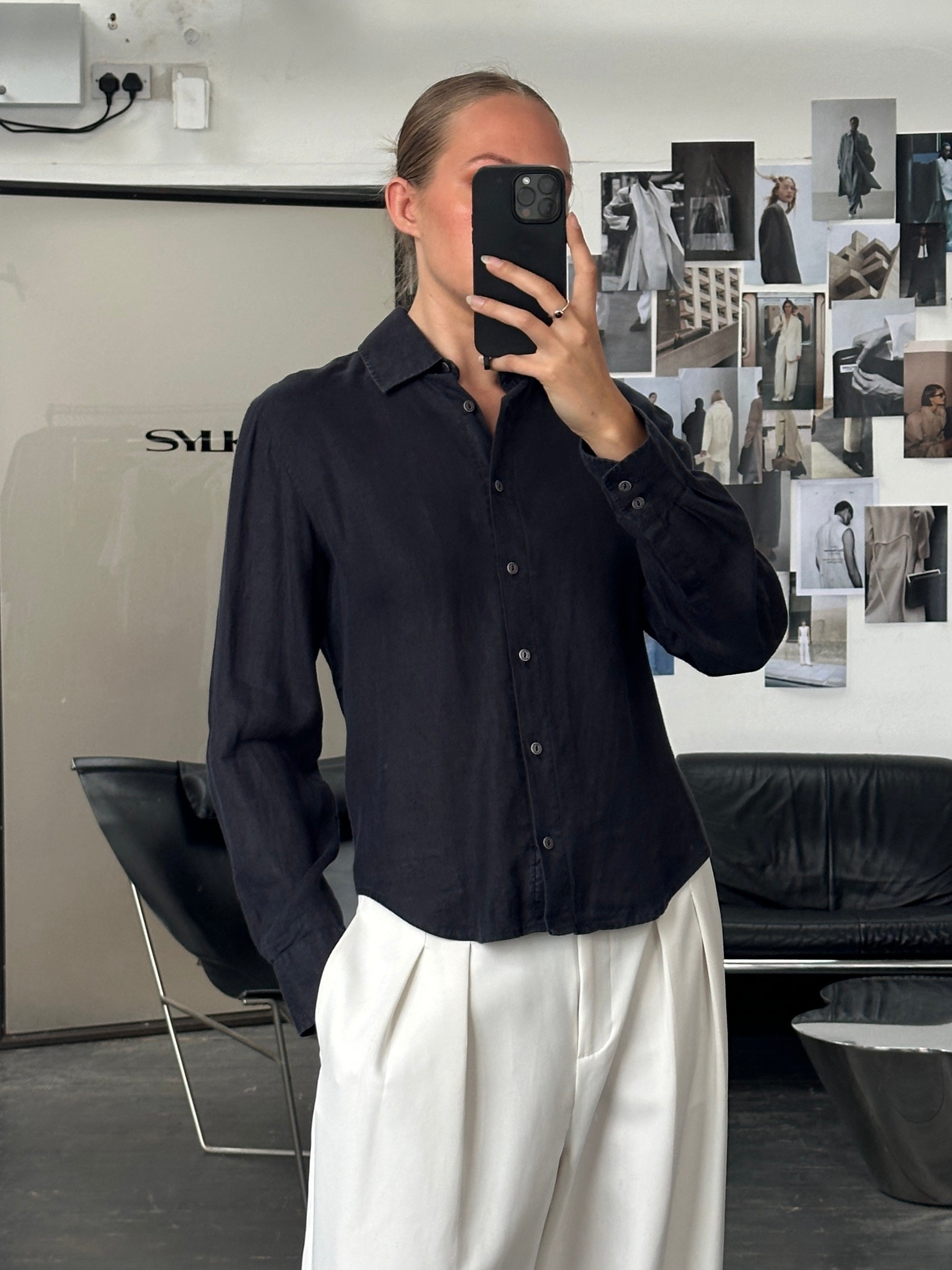 Armani Jeans men's 2000s pure linen shirt in size M, light-colored, casual long-sleeve shirt with button-up front.