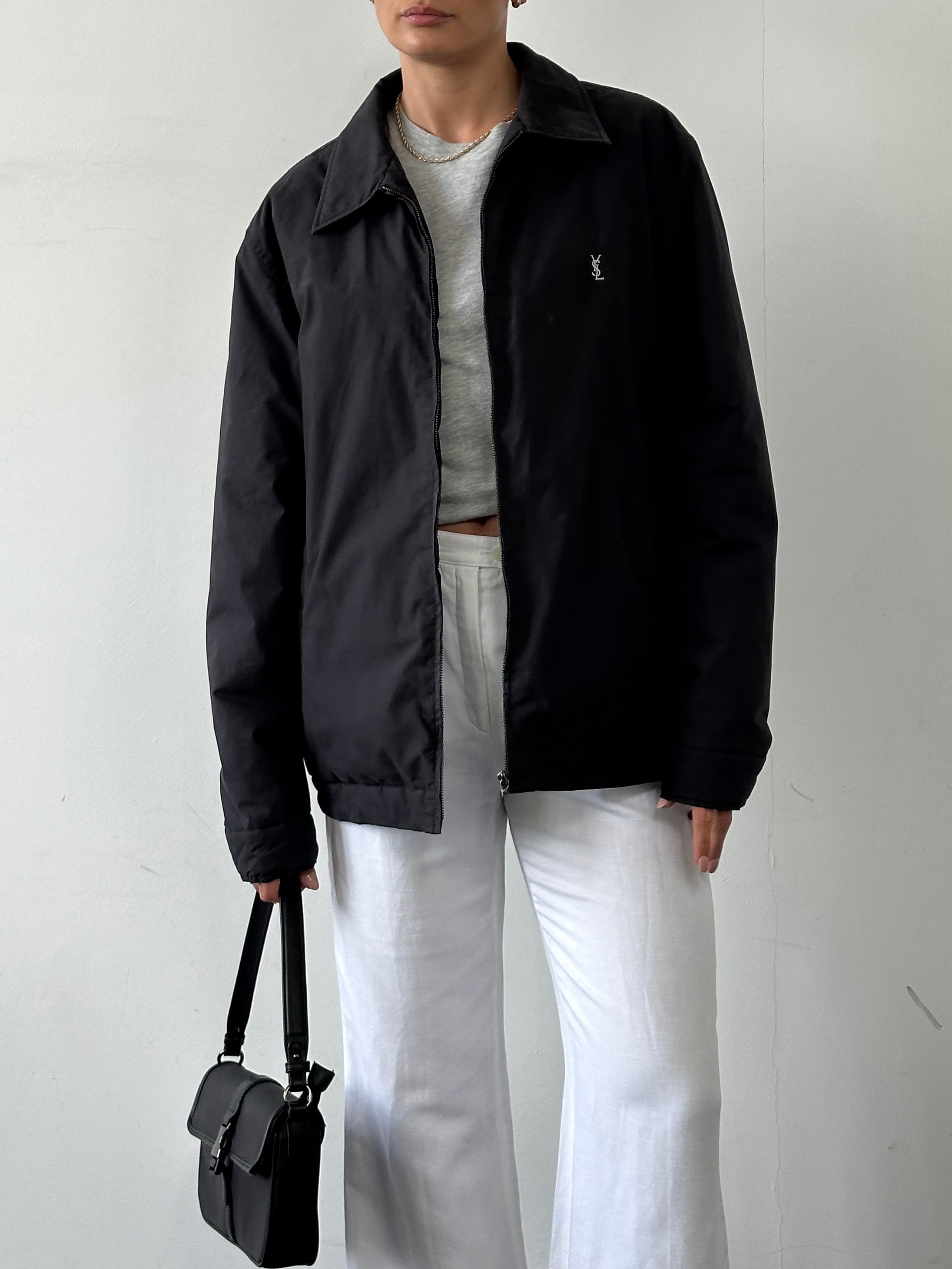 Yves Saint Laurent Pour Homme padded logo bomber jacket in XL, shown in black with signature branding and quilted design.