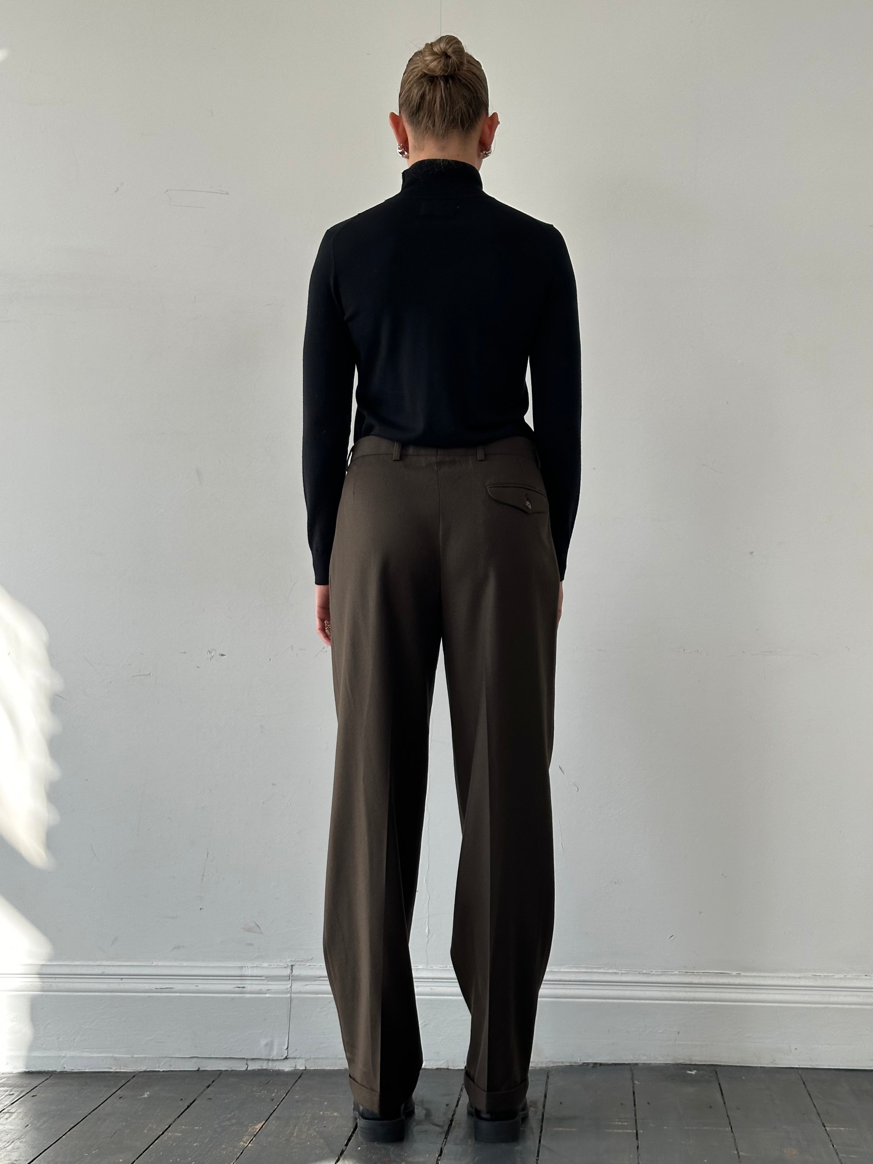 Italian Vintage pure brushed wool straight leg trousers in size W30, showcasing classic design and textured fabric.