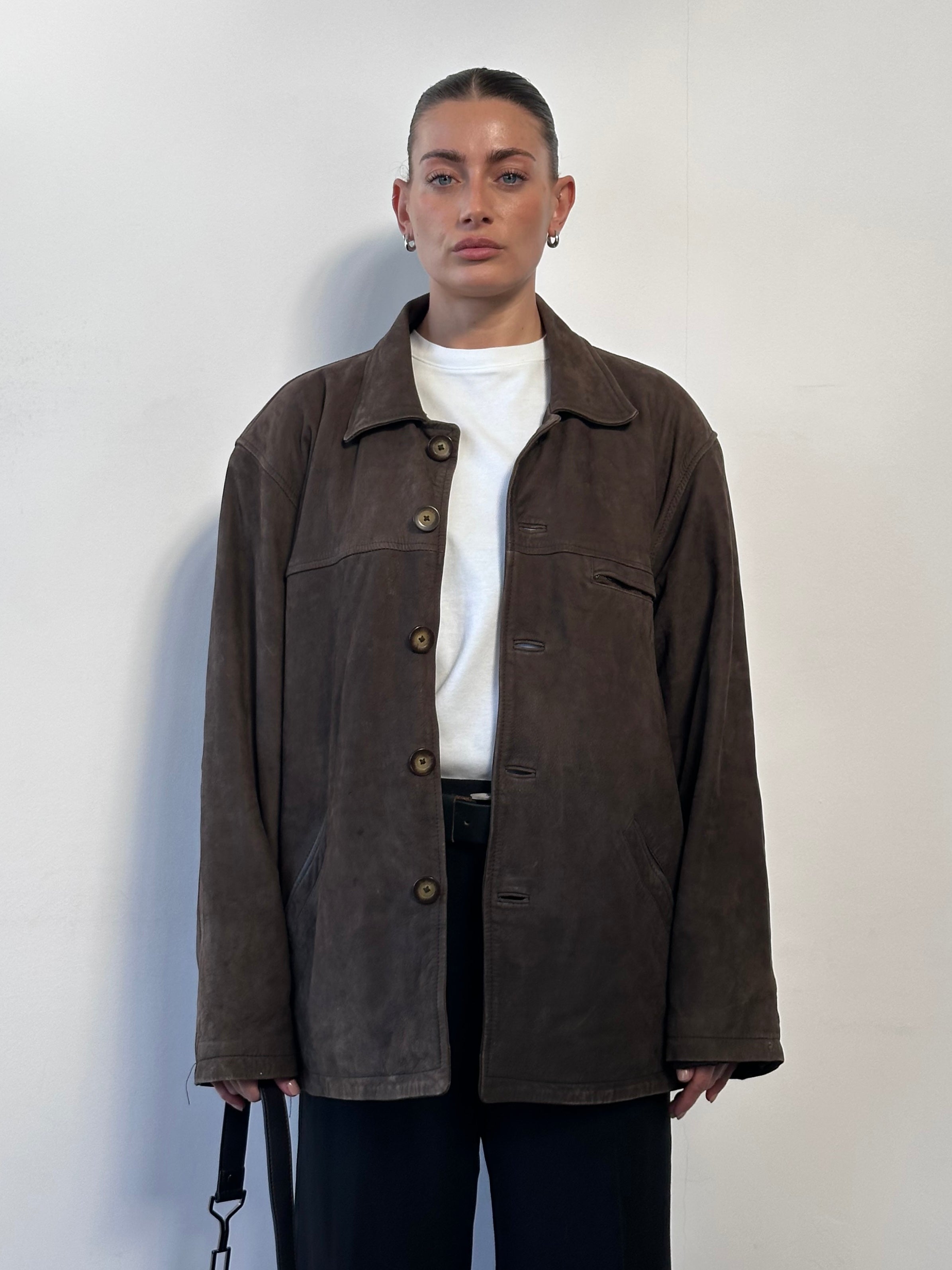 Vintage brand vintage nubuck leather jacket in size XL, featuring classic design and soft textured leather.