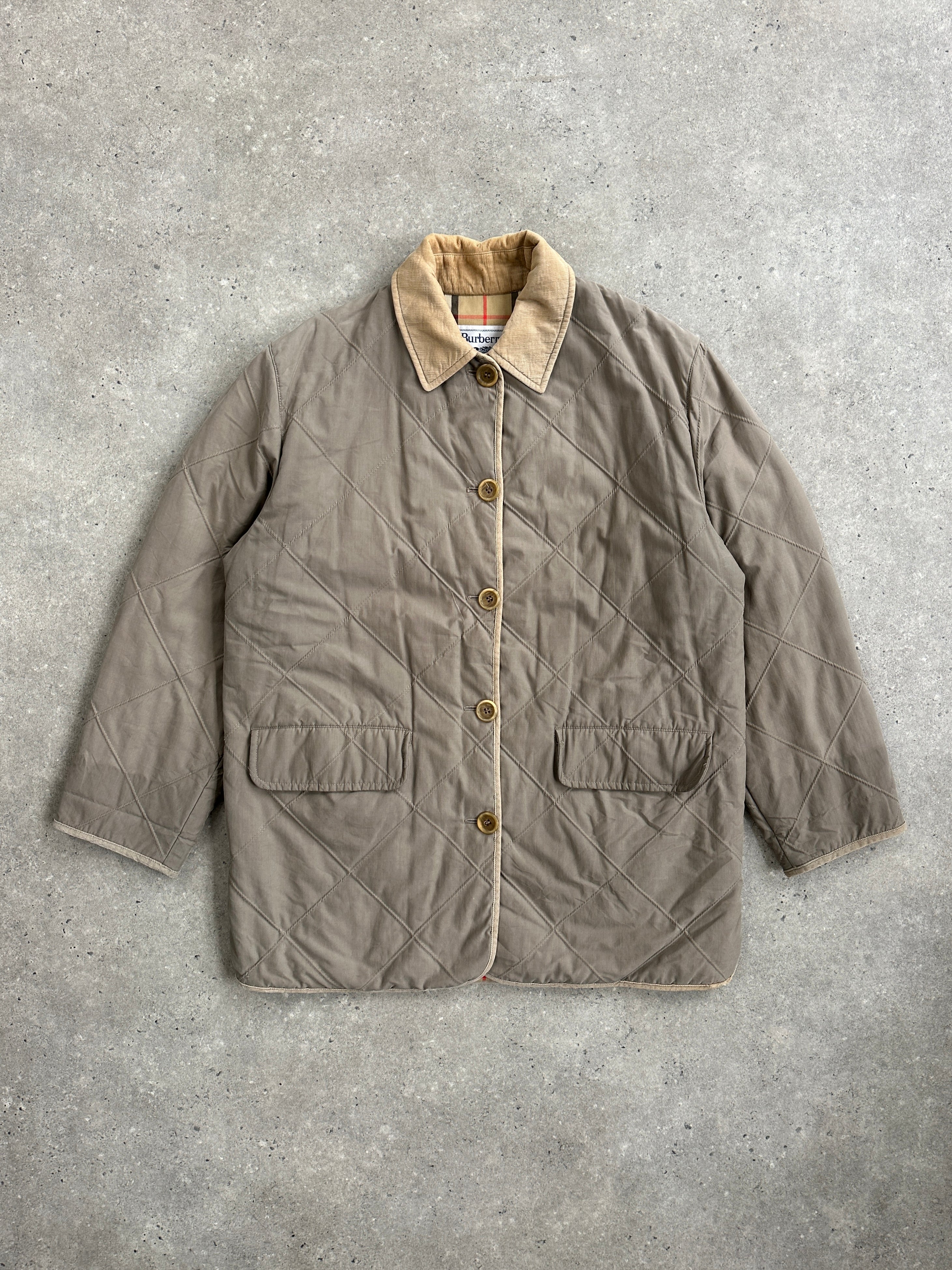 Burberry 1990s quilted Nova Check coat with cord collar, classic design, in size large, featuring signature check pattern and quilted texture.