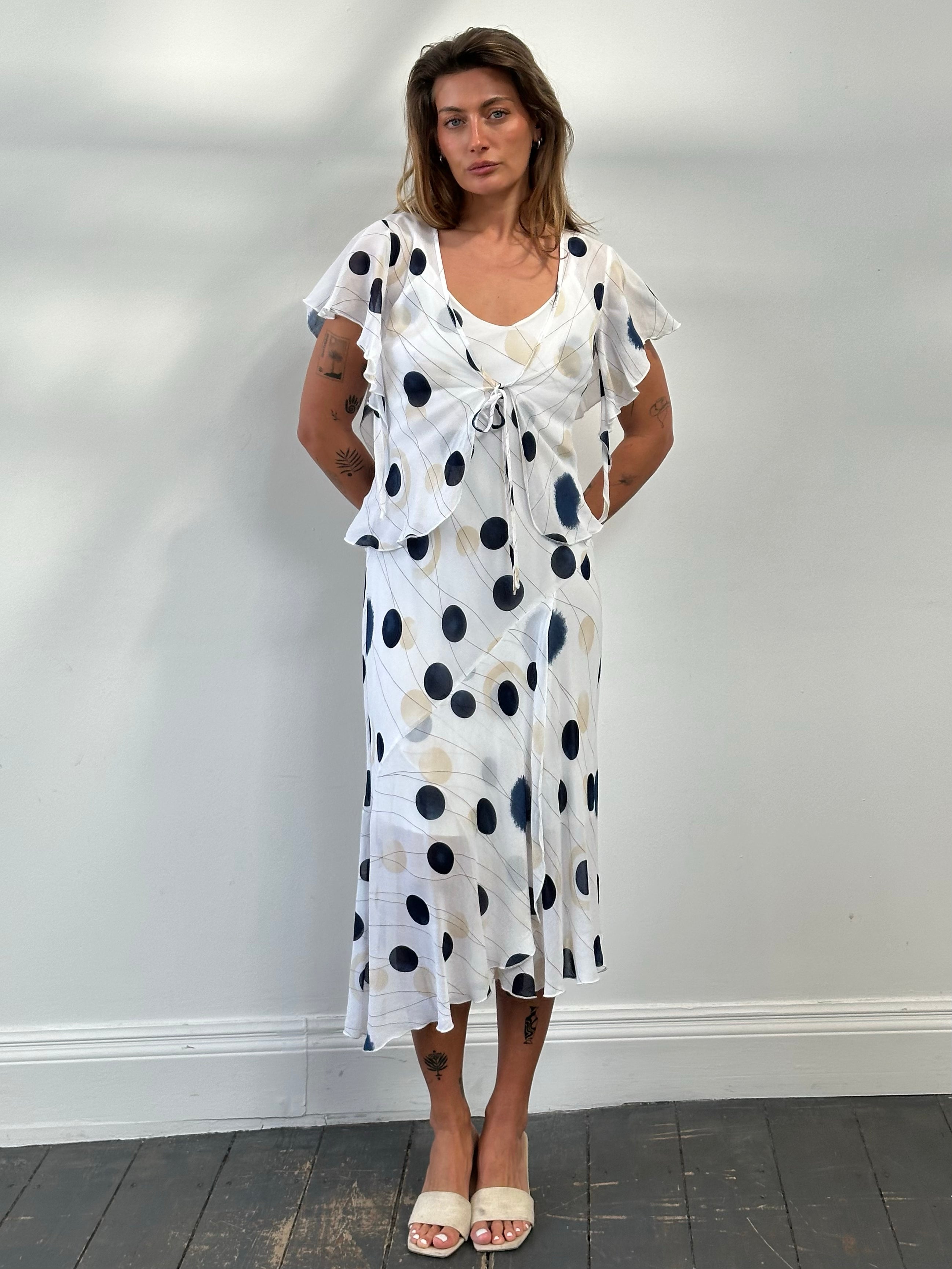 MANI 1990s spotted two-piece slip dress set, M/L, featuring a vintage-inspired dress with a black and white polka dot pattern.