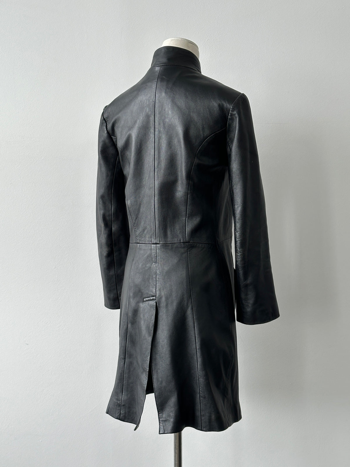 Vintage 1990s High Neck Concealed Placket Leather Trench Coat - XS-S
