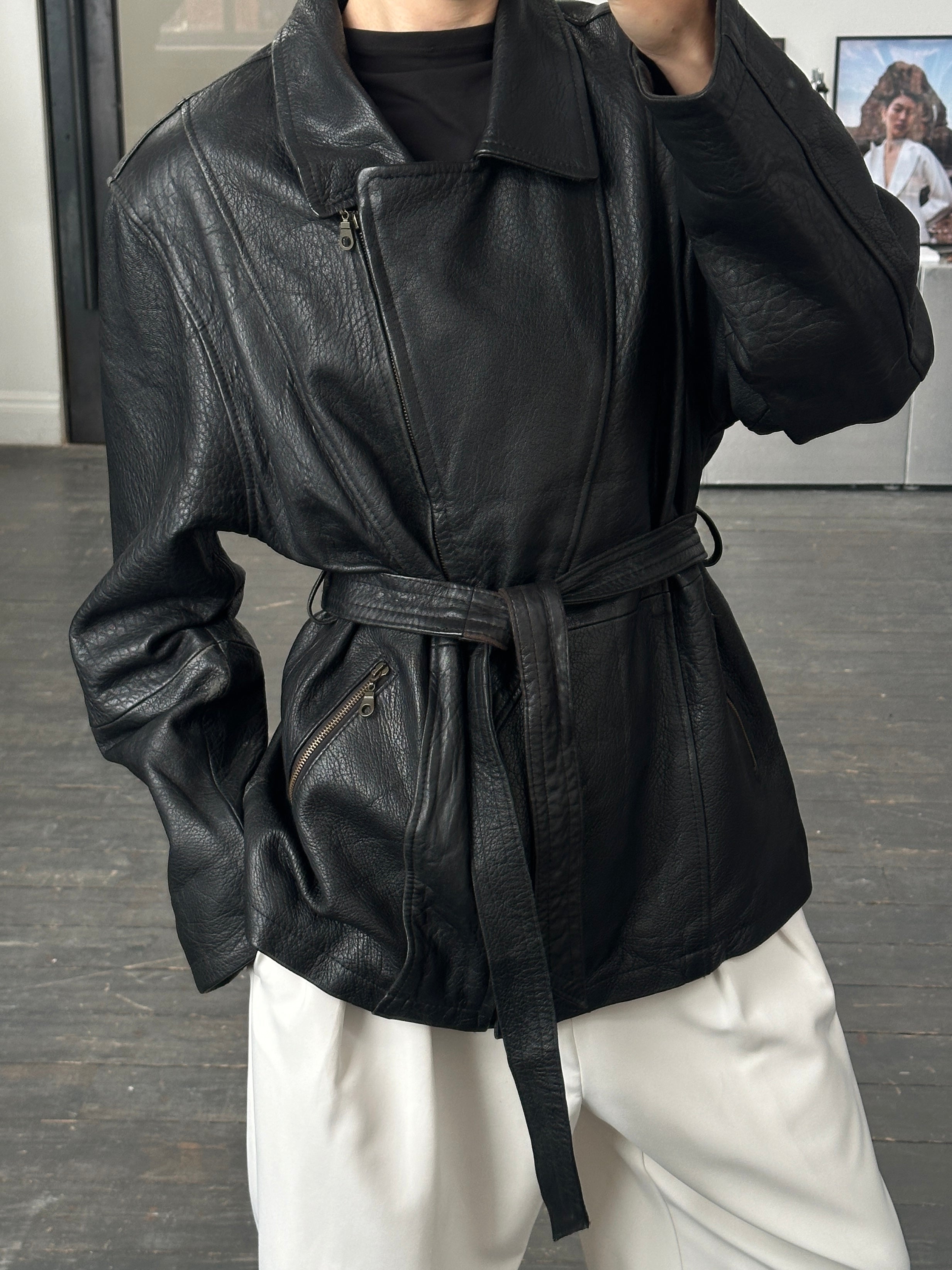Vintage 1990s lamb leather belted jacket in XL with classic design and rich texture, displayed on a neutral background.