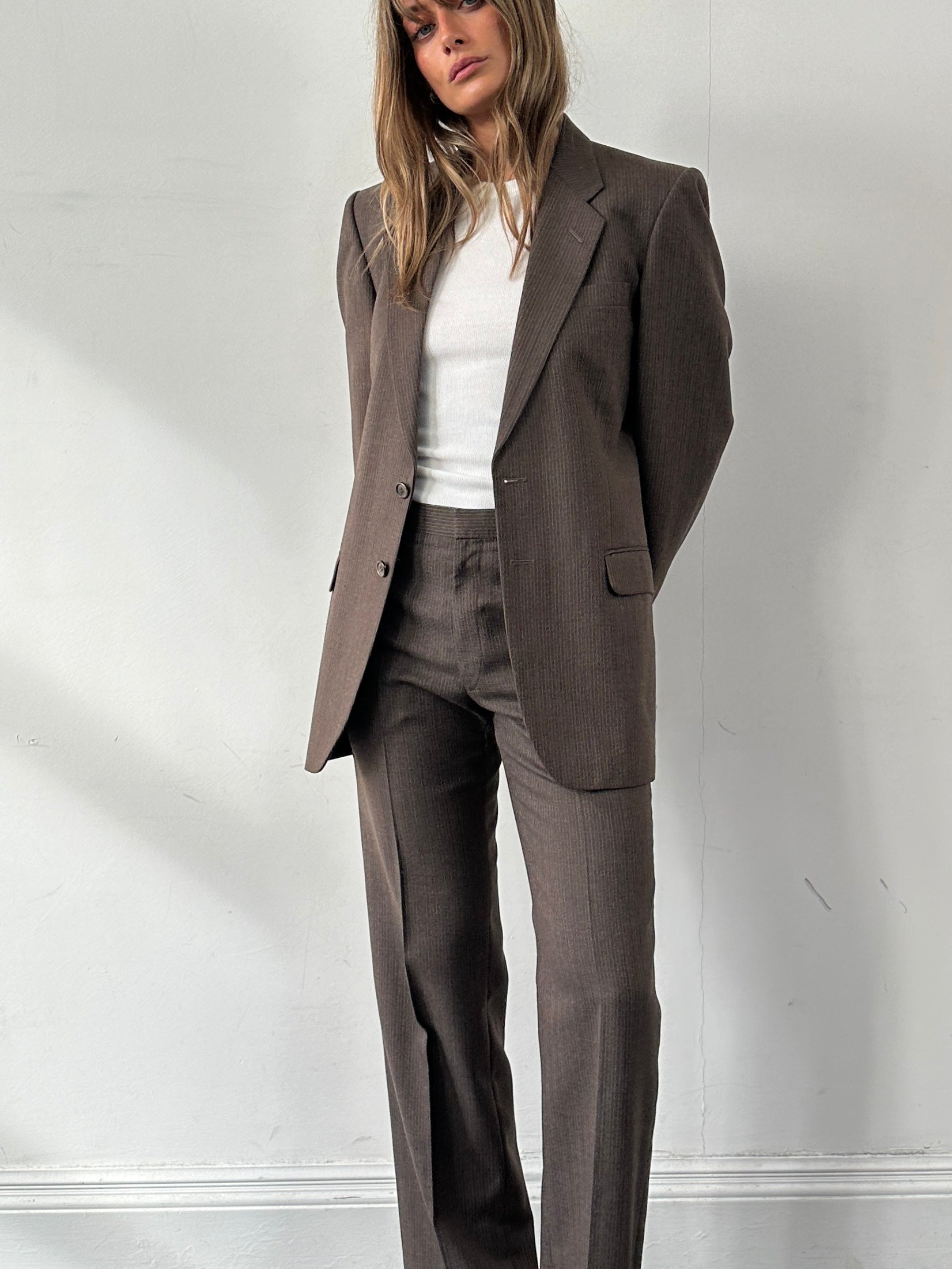 St Michael pinstripe worsted wool single-breasted suit jumpsuit in size 38R/W30, tailored fit with classic pinstripe pattern.