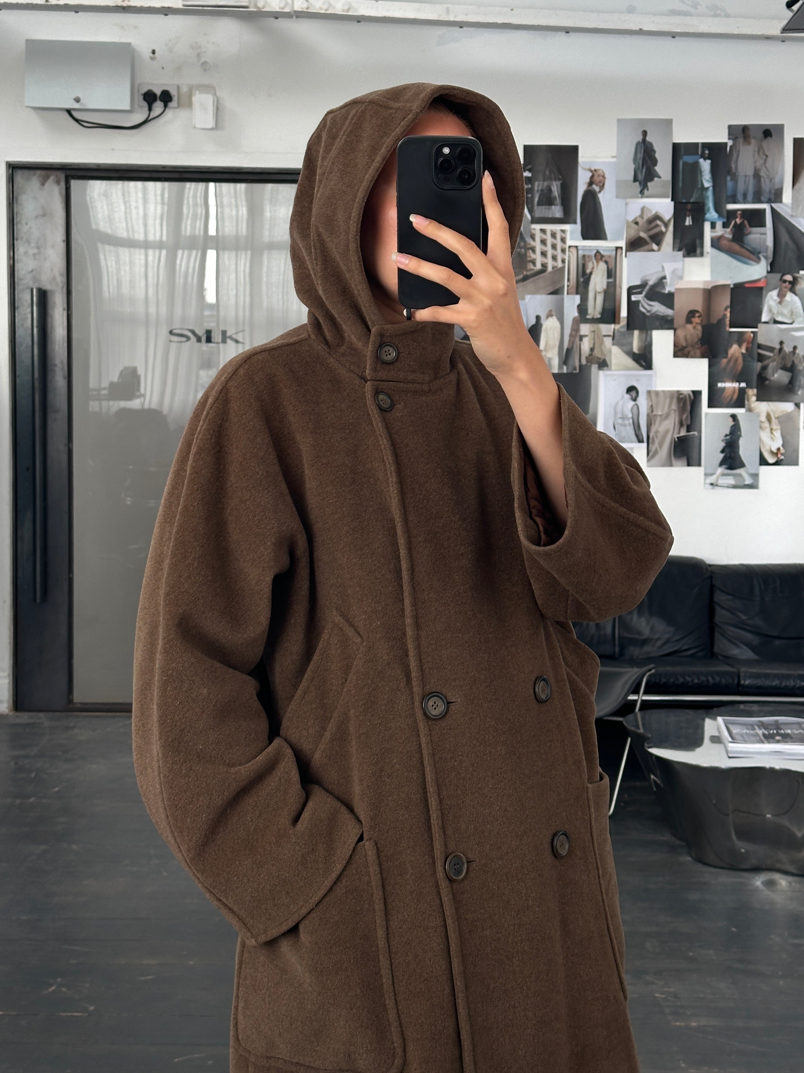 Max Mara Weekend 2000s wool hooded double-breasted coat in size M, featuring a classic design and textured fabric.