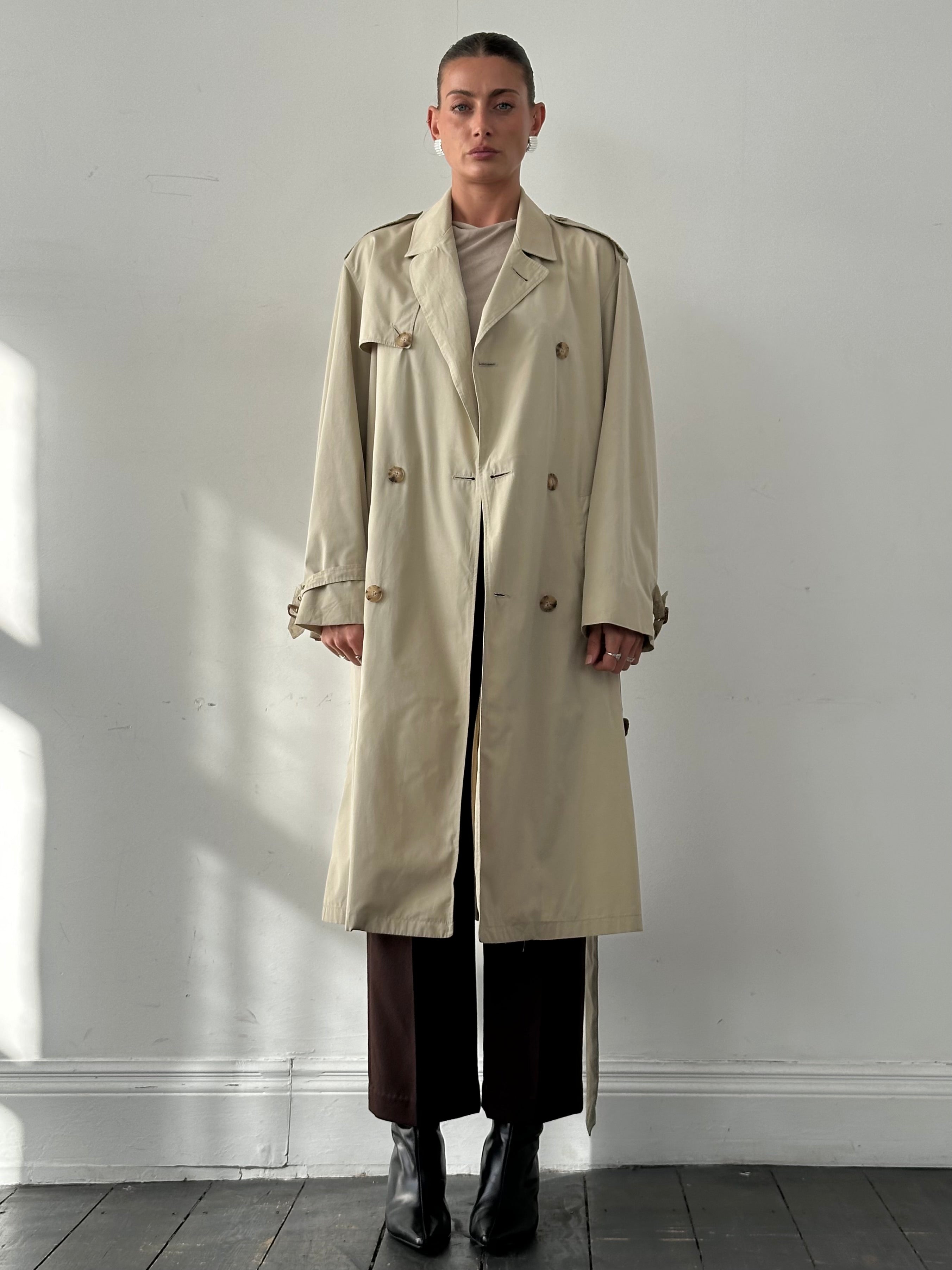 Christian Dior Paris cotton double-breasted belted trench coat in beige, size 40R/XL, displayed on a hanger.