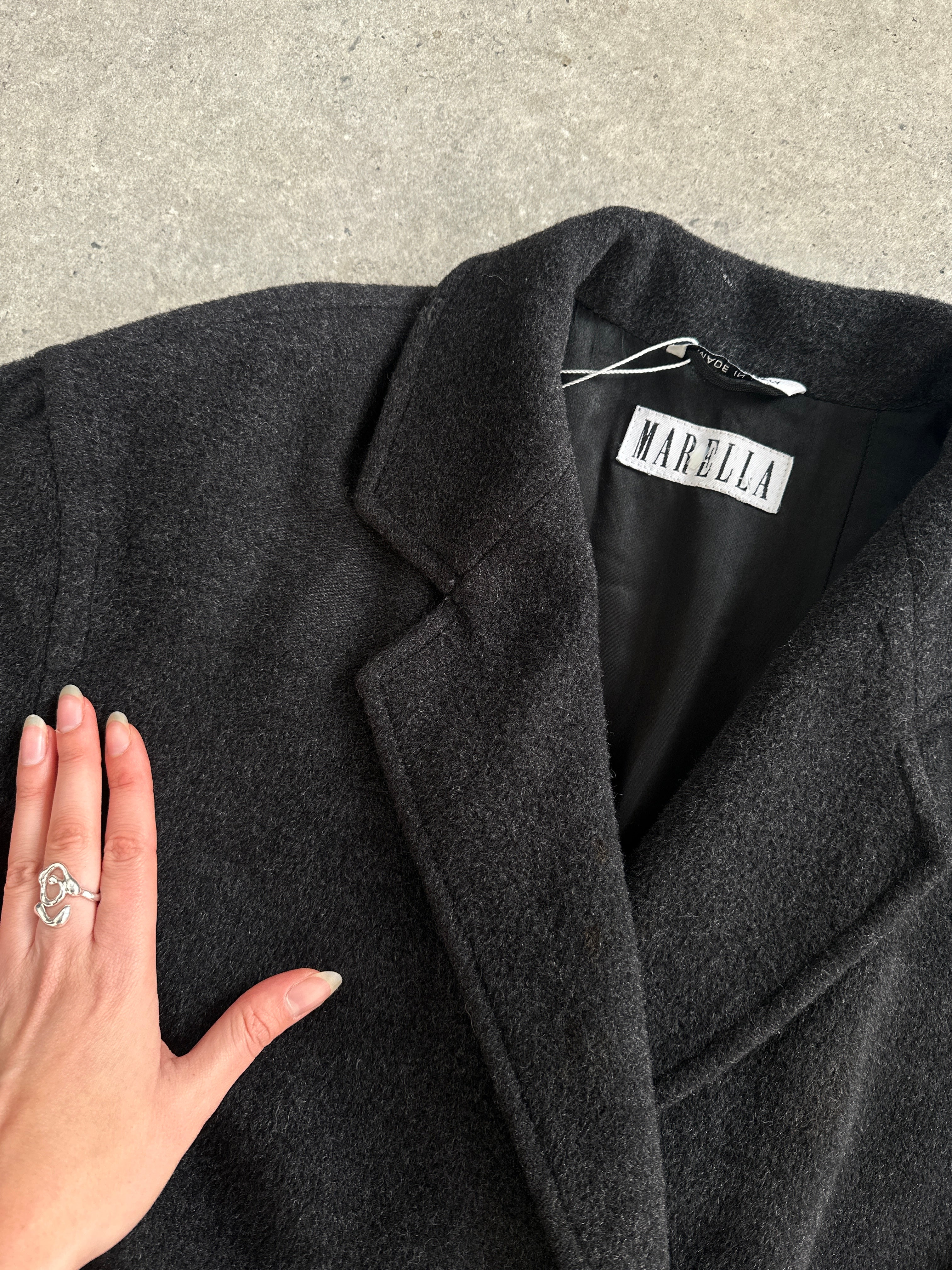 Marella wool cashmere double-breasted floor-length coat in XL, beige color, with wide lapels and tailored fit.