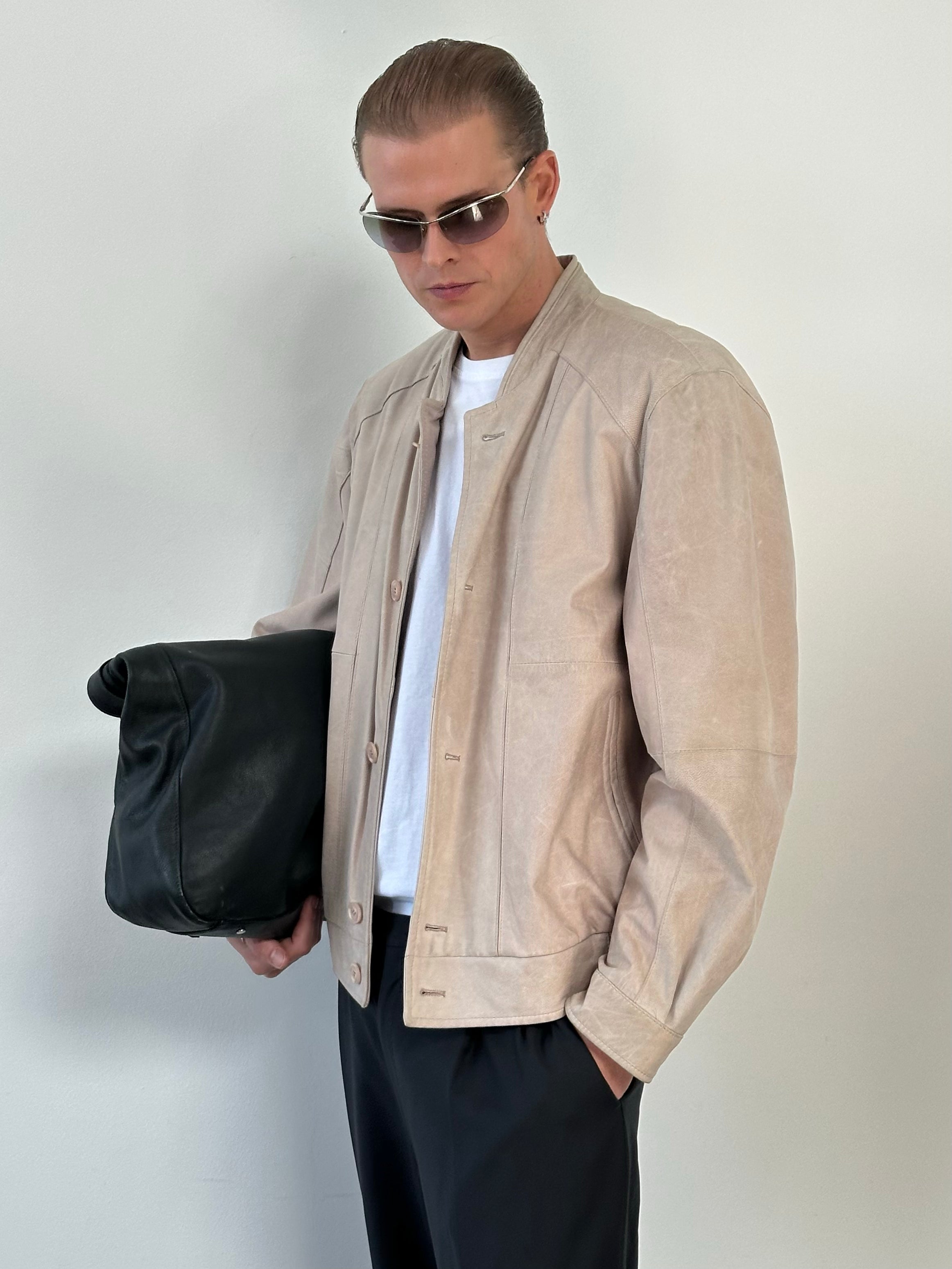 Vintage 1990s Leather Collarless Bomber Jacket - L/XL