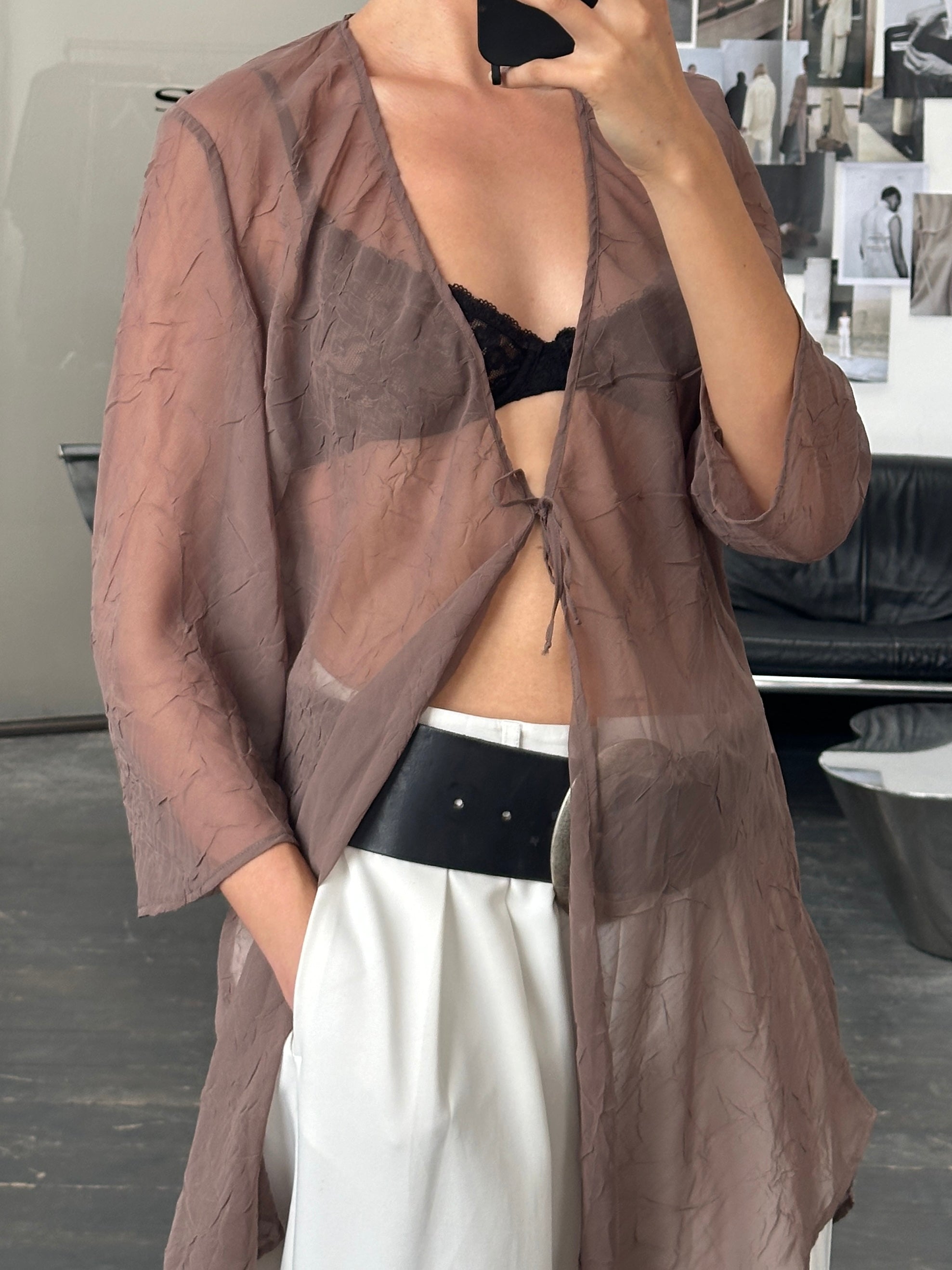 Vintage 1990s Italian sheer kaftan cardigan in size M, lightweight, elegant, with flowing fabric and intricate patterns.