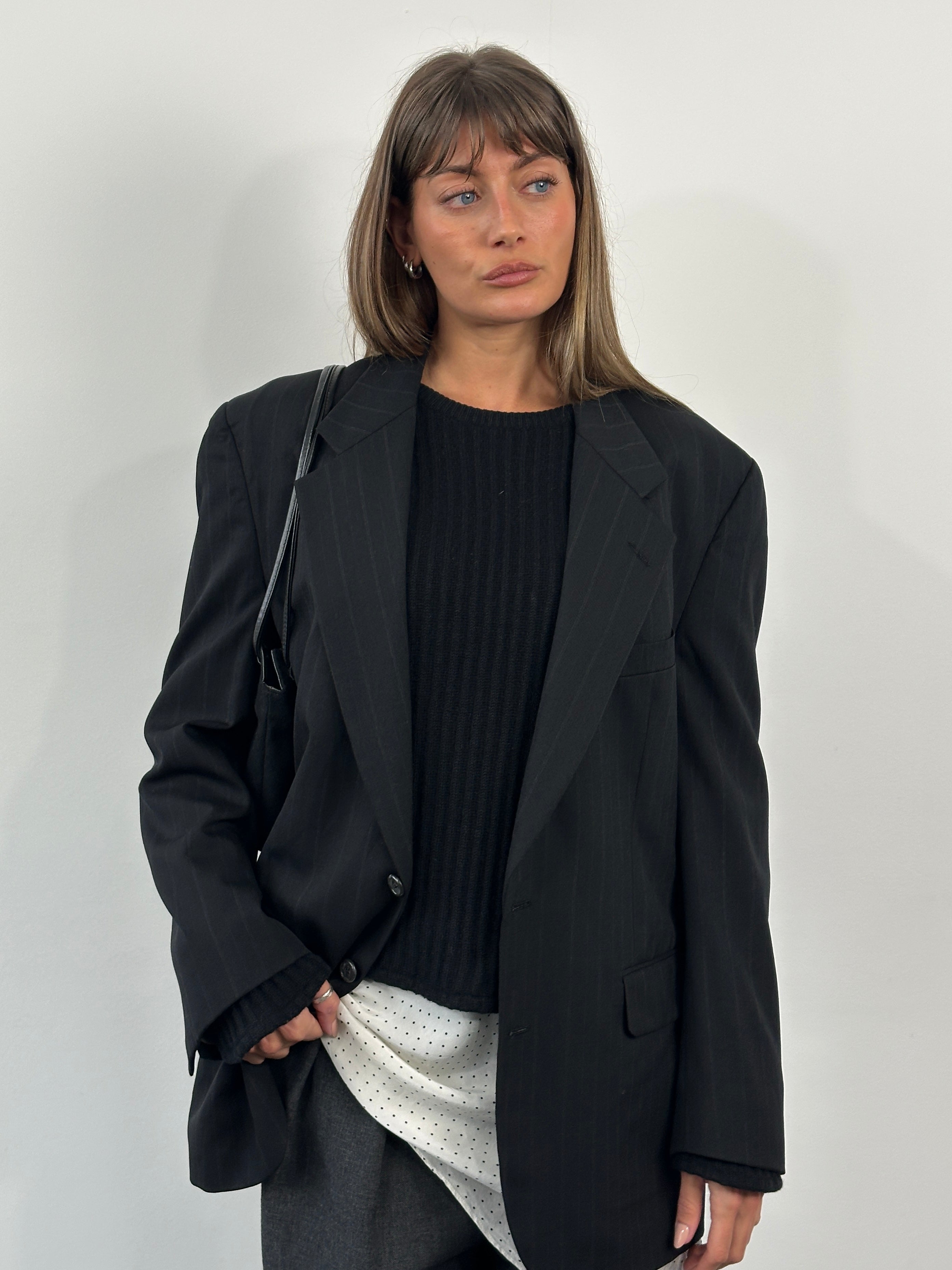 Christian Dior Le Connaisseur 1990s men's wool stripe blazer, size 42R/XL, featuring classic tailored design and bold stripe pattern.