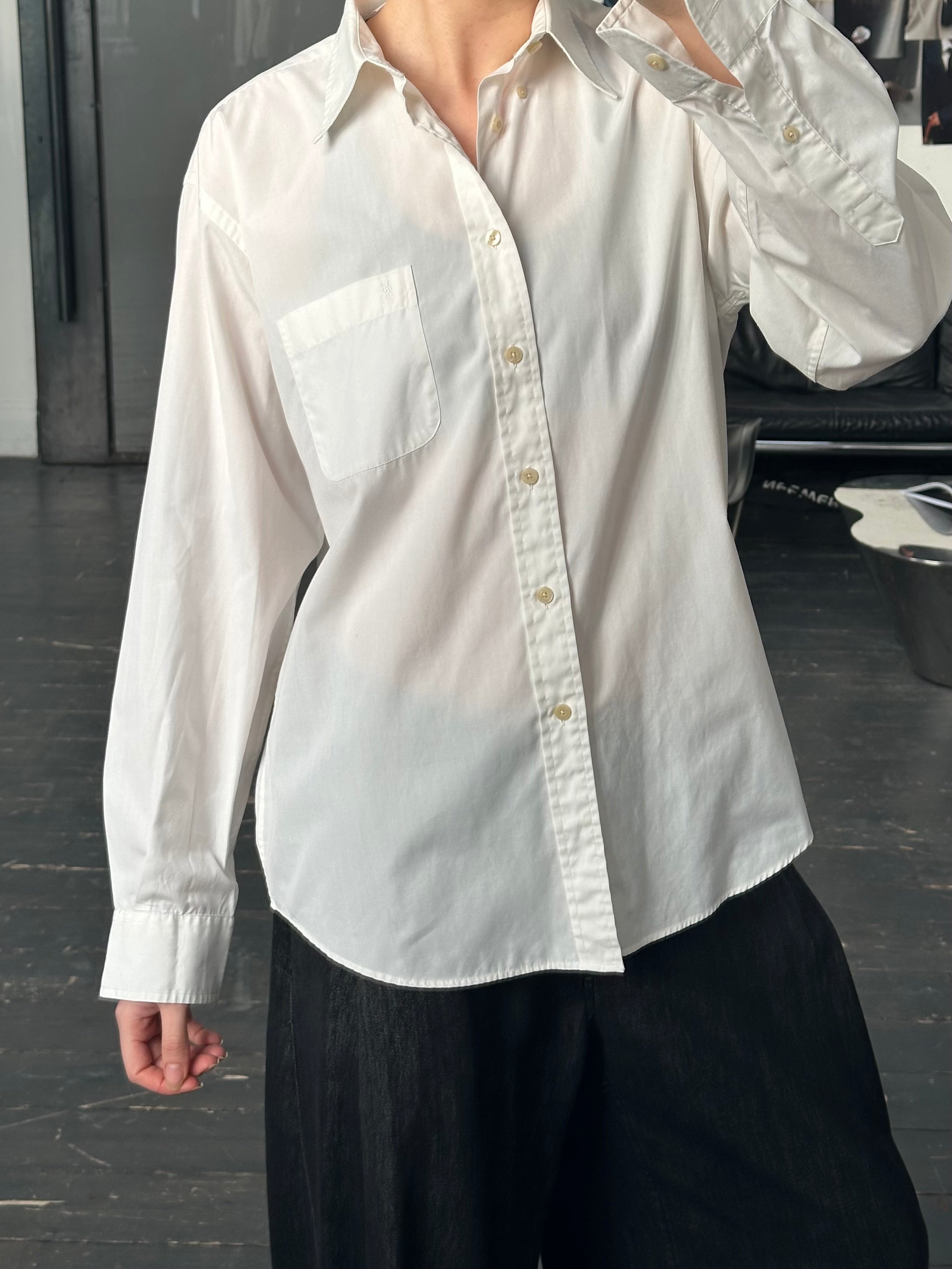 Yves Saint Laurent Pour Homme 1990s cotton logo shirt in size M, featuring classic design and brand logo on the front.