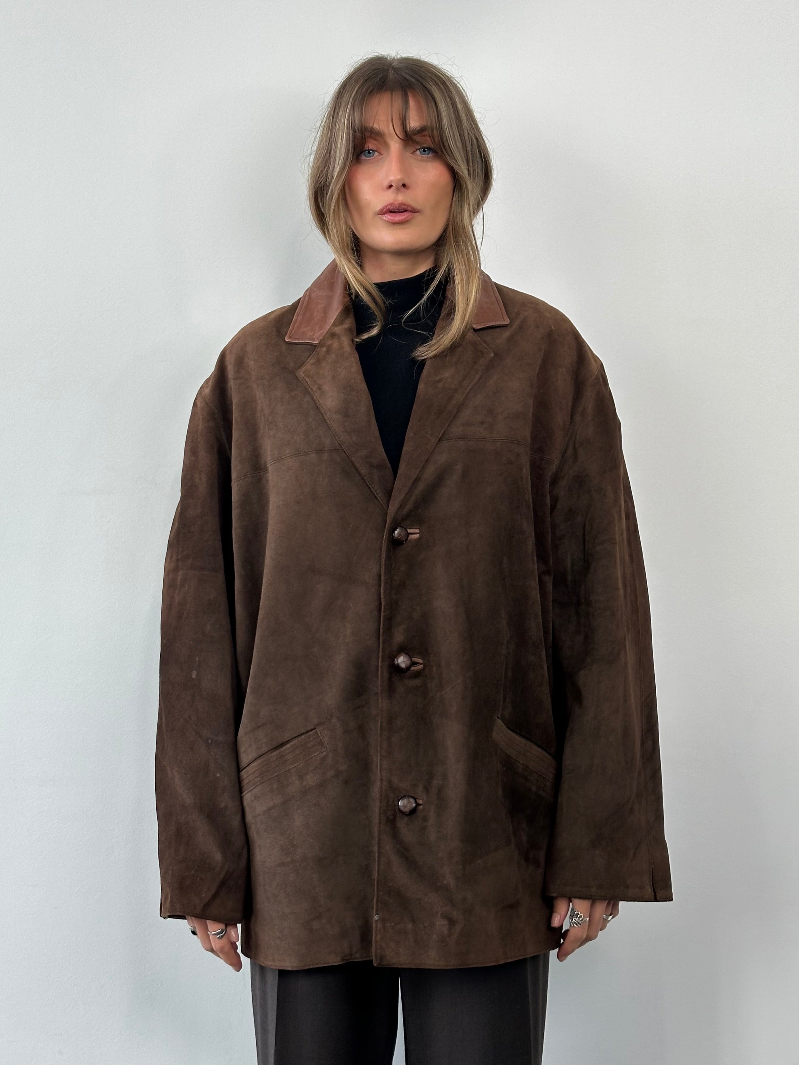 Valentino XL suede blazer jacket, stylish leather blazer with a tailored fit and classic design, visible in the image.