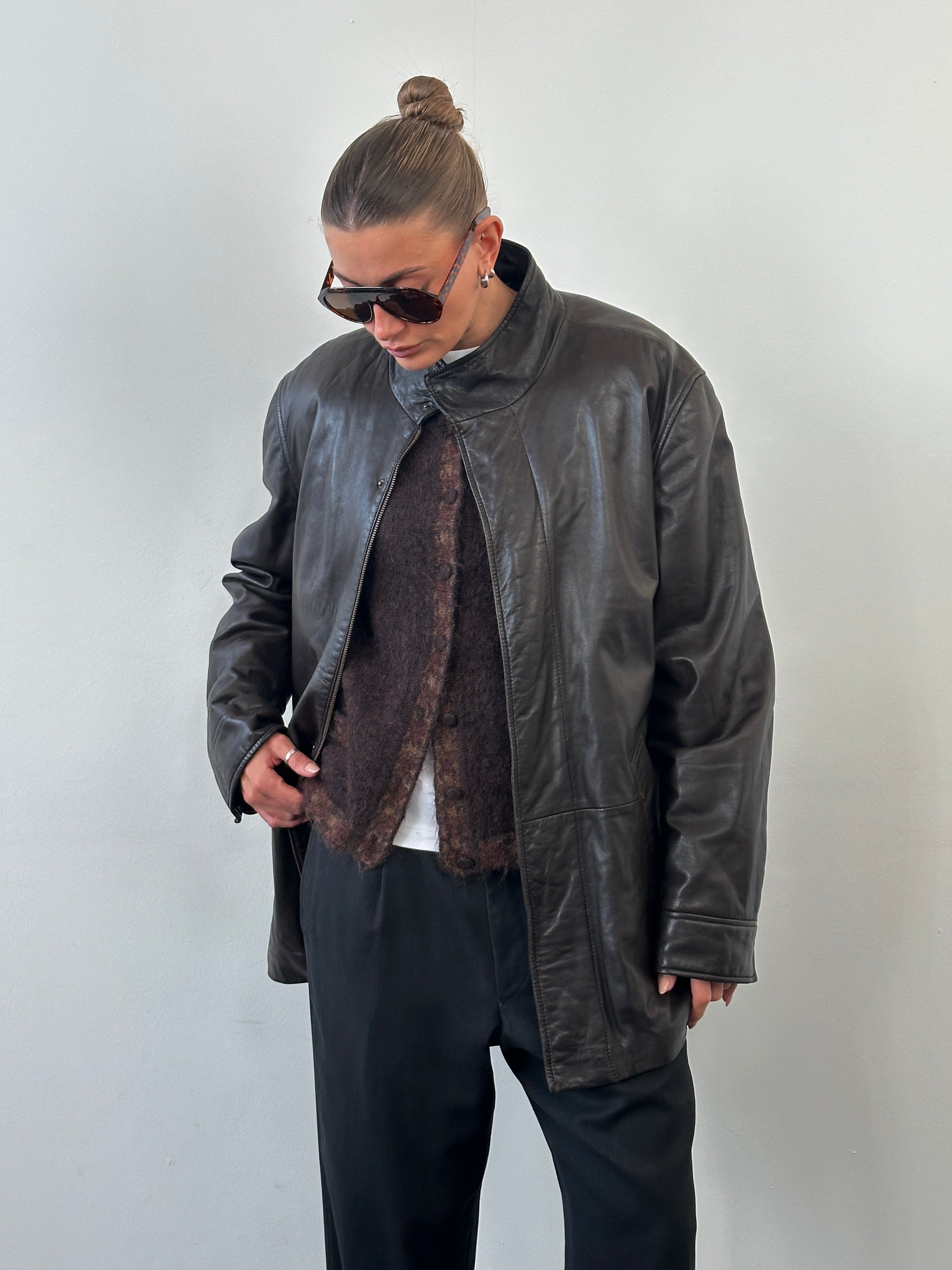Jaeger 1990s Concealed Placket High Neck Leather Jacket - XL - SYLK