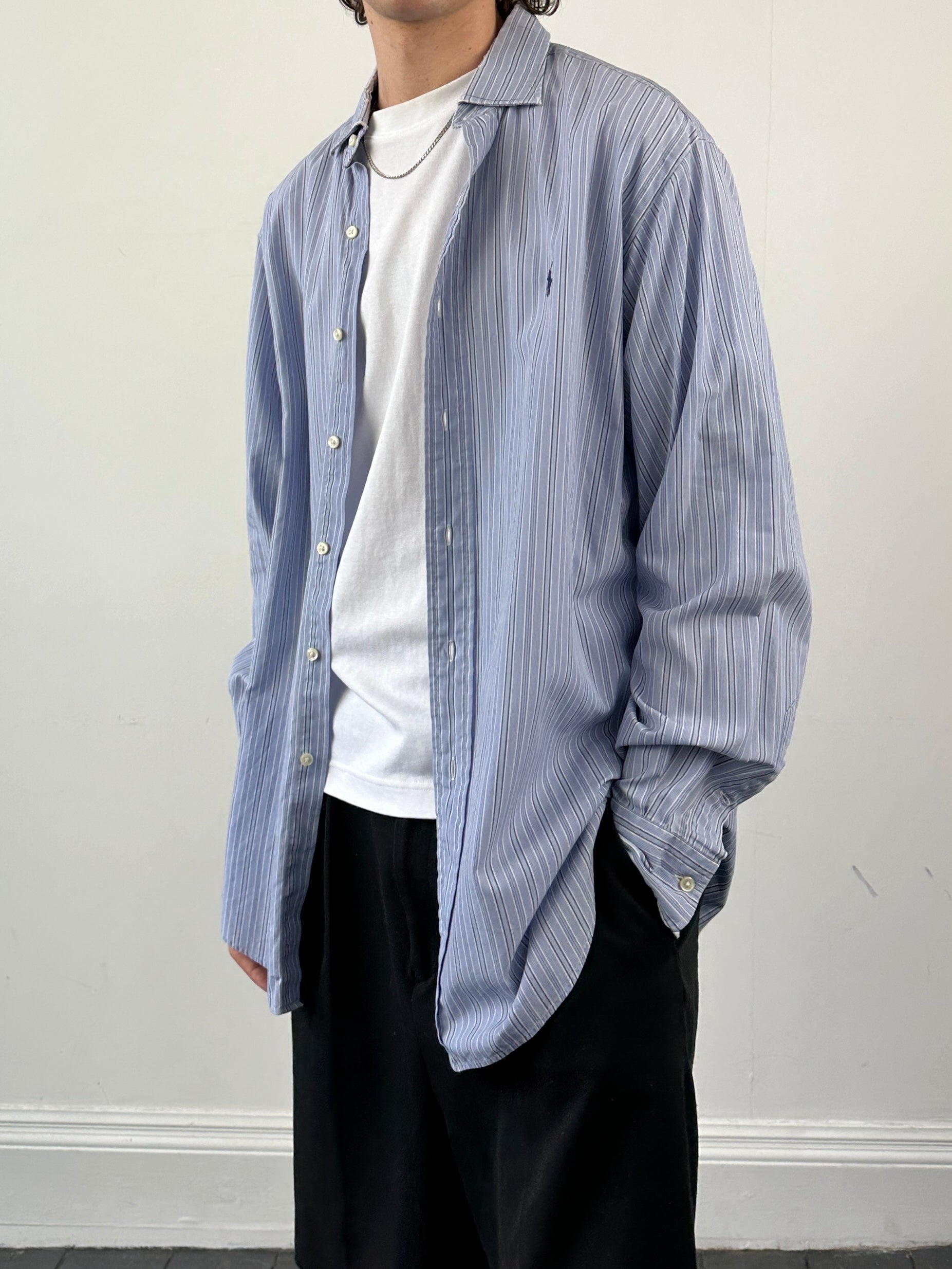 Ralph Lauren stripe pure cotton shirt in size XL, featuring a classic button-down design with blue and white horizontal stripes.
