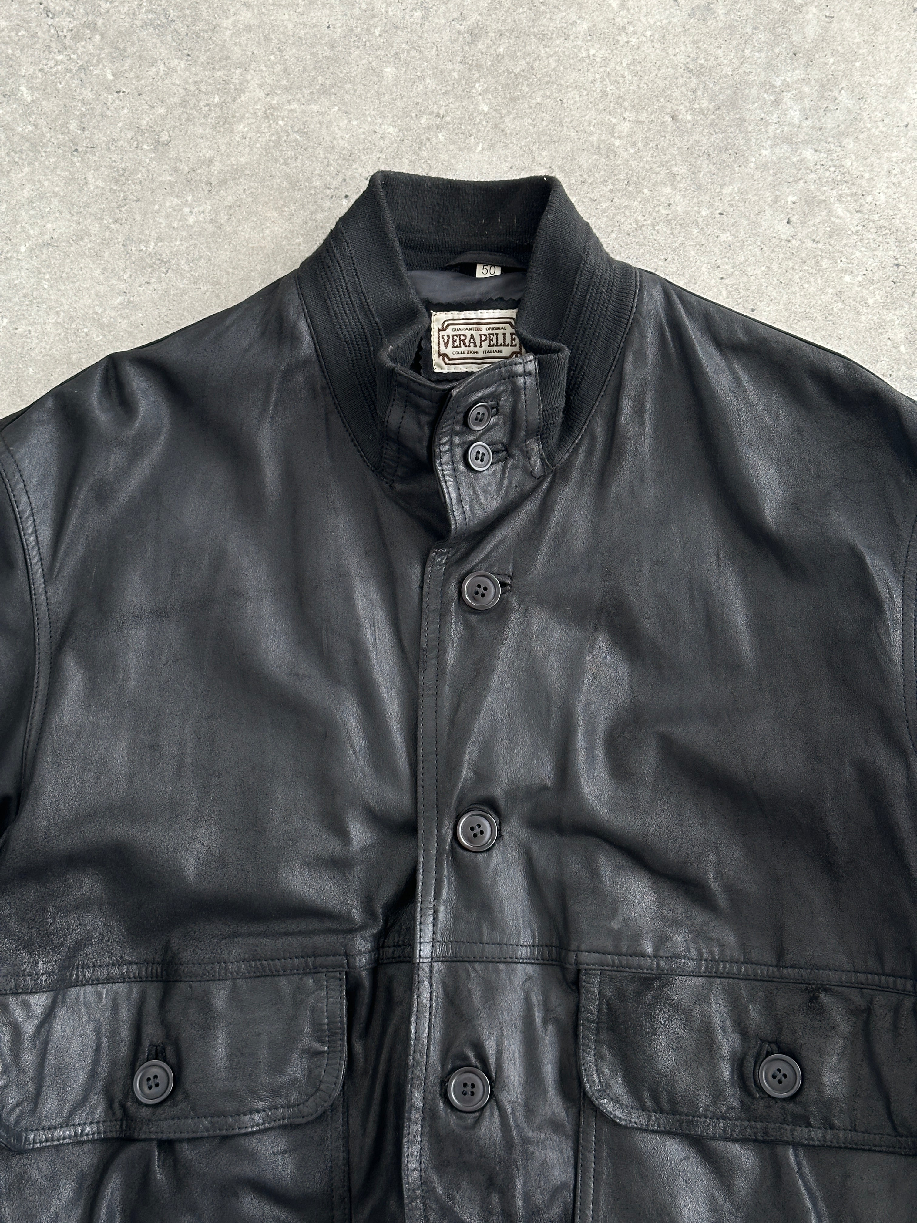 Italian vintage 1990s leather nubuck bomber jacket, M/L, featuring classic style and textured leather details.