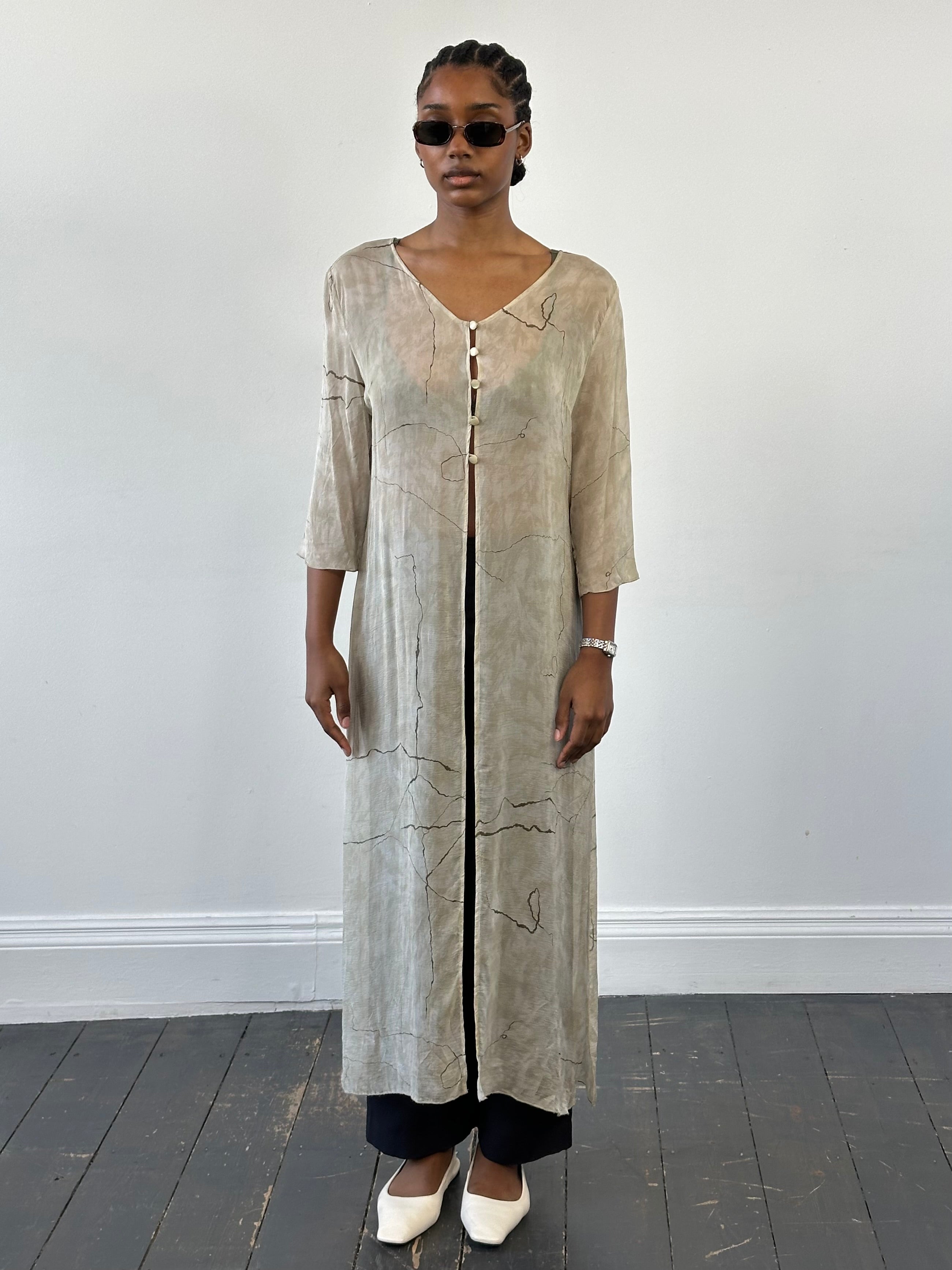Vintage 1990s pure silk sheer longline cardigan in size M, lightweight and elegant with a soft drape and classic design.