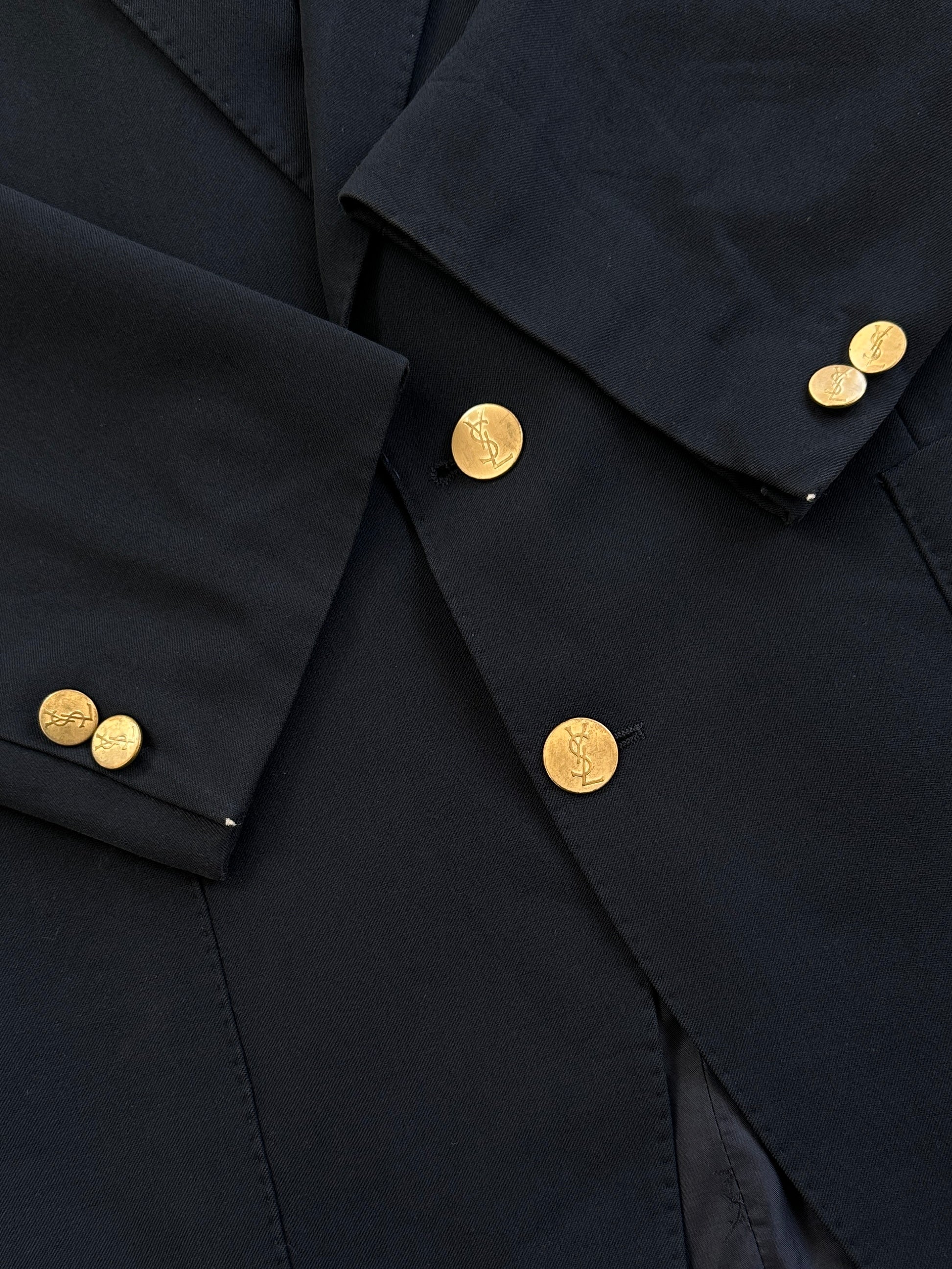 Yves Saint Laurent Diffusion Hommes 1980s pure wool bespoke button blazer, 42R/XL, tailored fit, dark classic design.