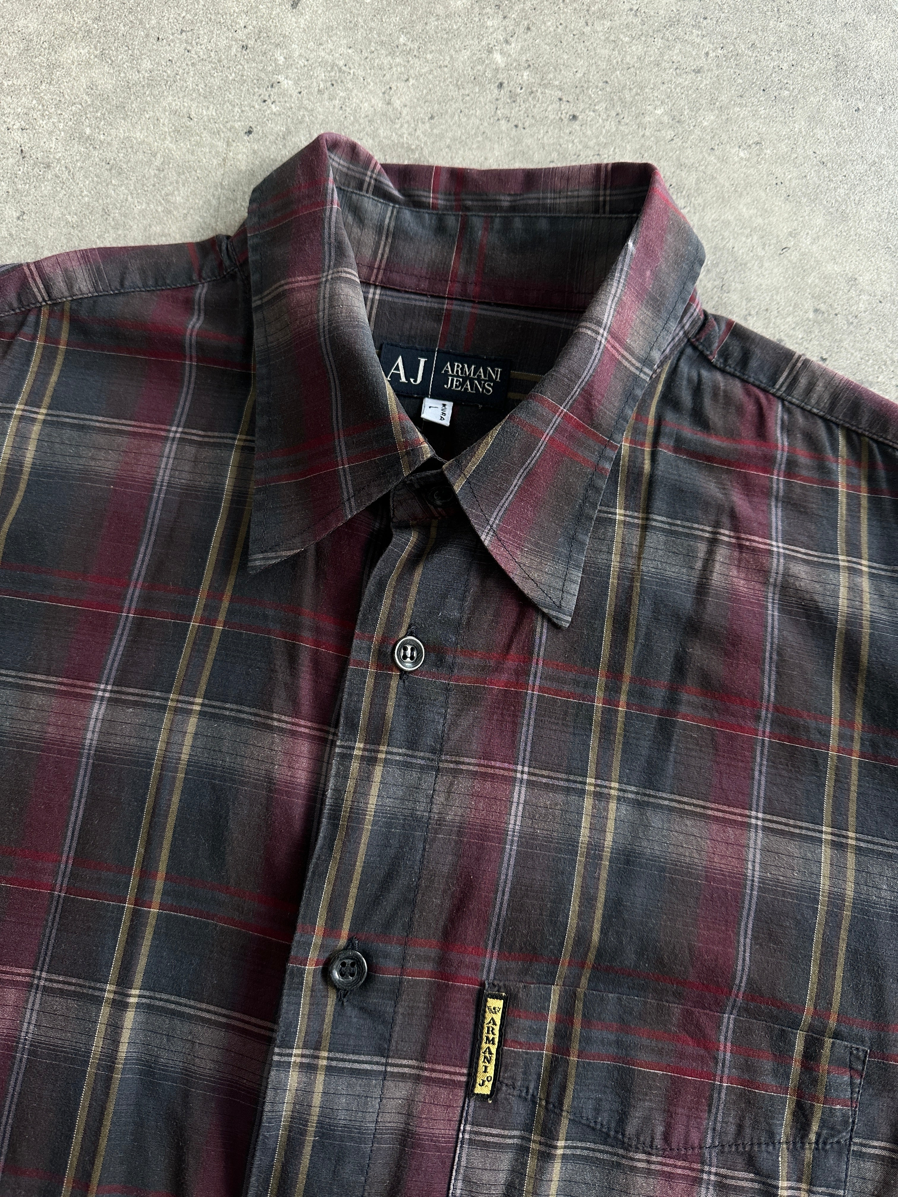 Armani Jeans 2000s check pure cotton flannel logo shirt in size L, featuring a classic plaid pattern and Armani branding.
