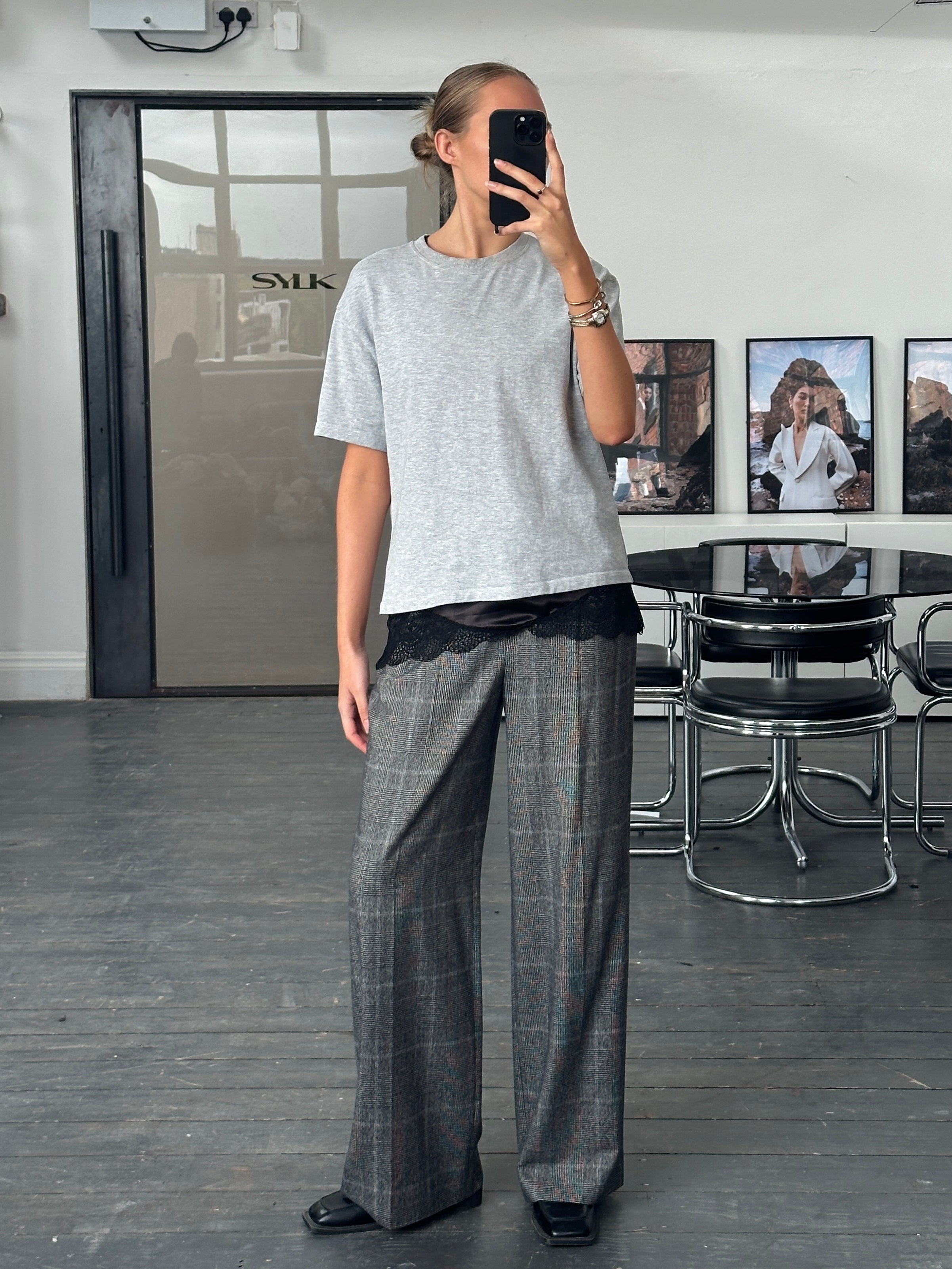 Max Mara 2000s Brushed Wool High Waisted Wide Leg Check Trousers - W28 - SYLK