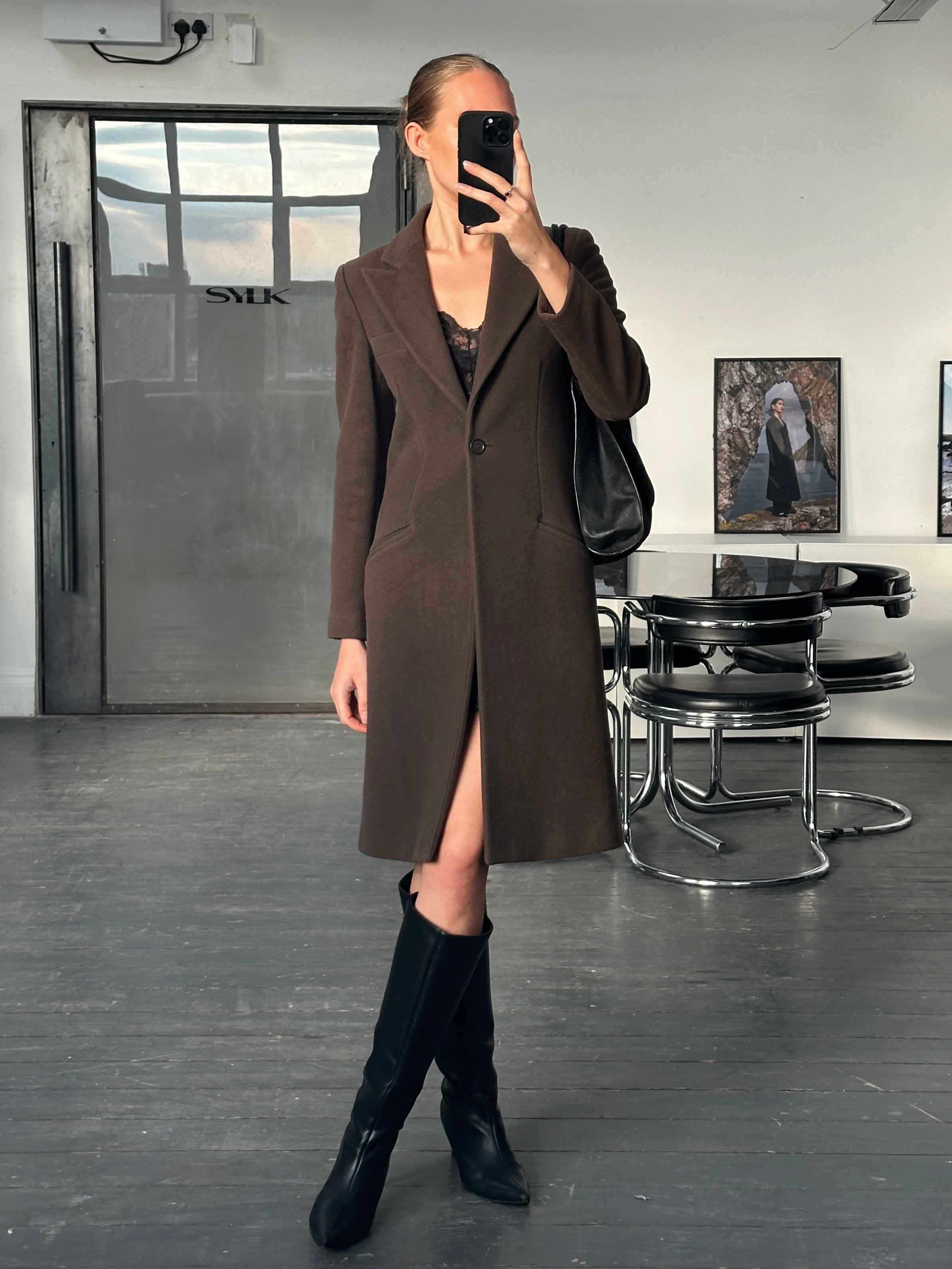 Emporio Armani 1990s pure virgin wool single button coat in XS/S, showcasing classic design and tailored fit in dark color.