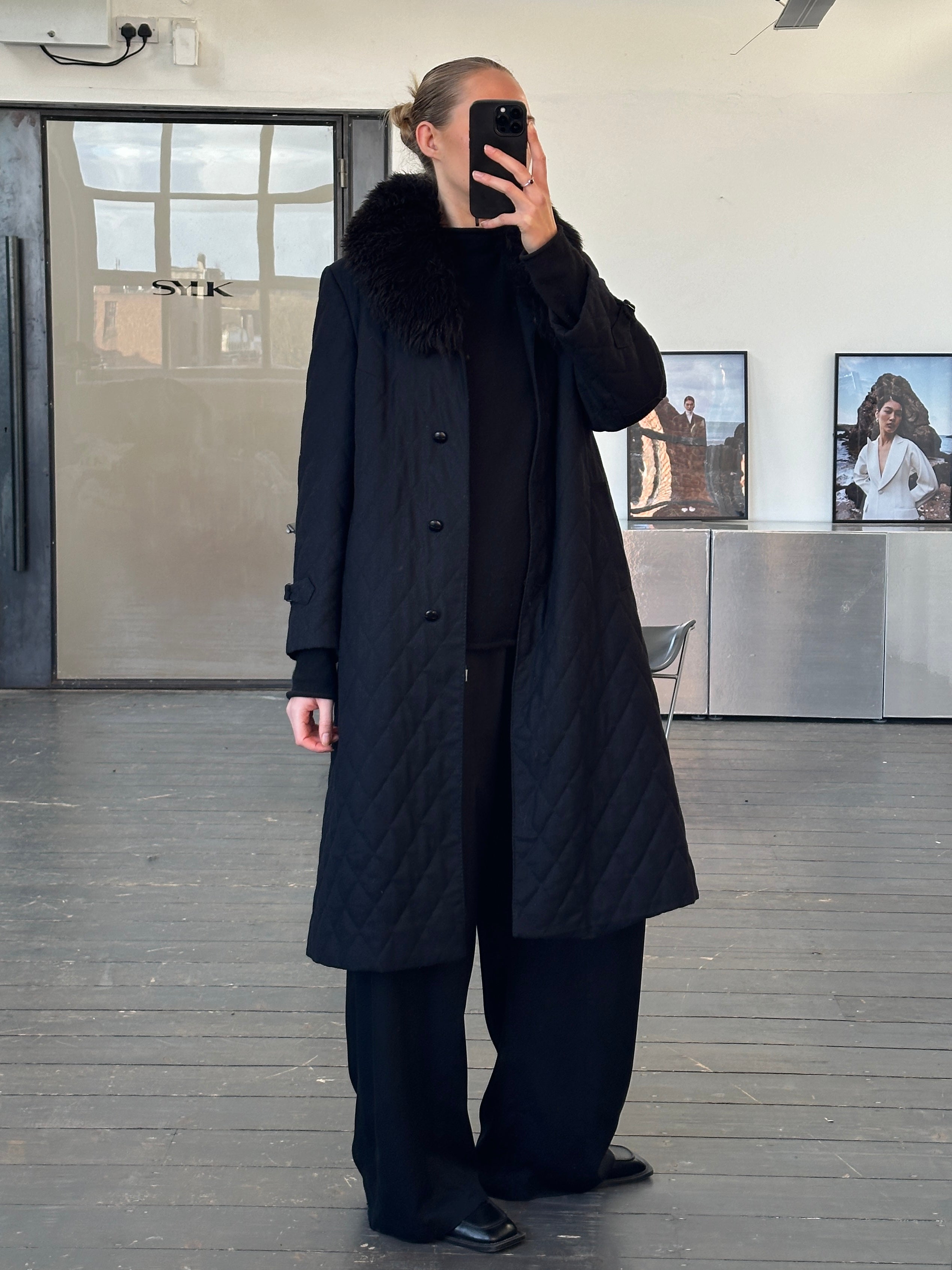 Vintage 1990s wool quilted coat with fur collar, size M, stylish and warm classic vintage outerwear.