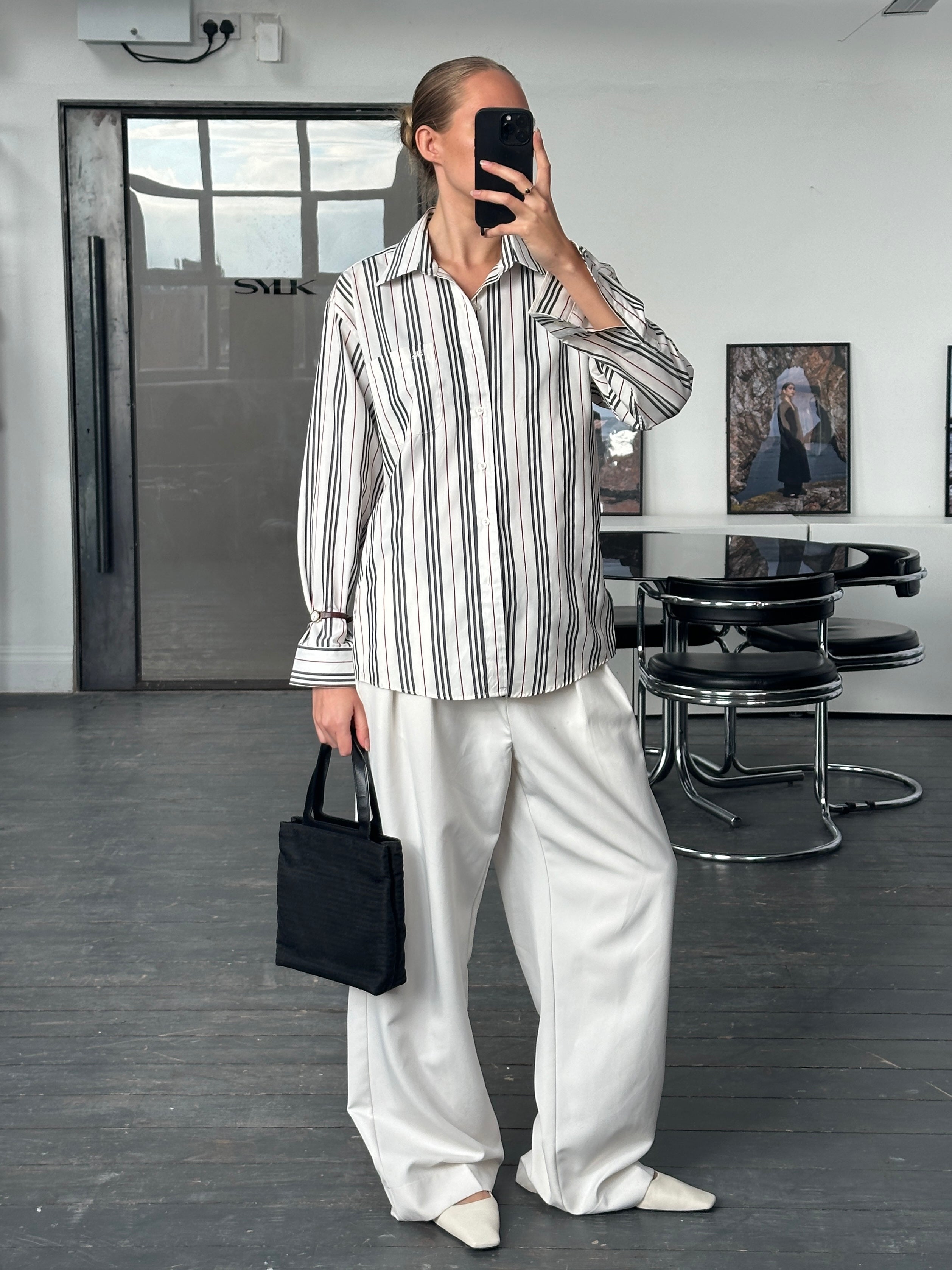 Burberry London 1990s striped pure cotton logo shirt in size M/L displayed on a hanger.
