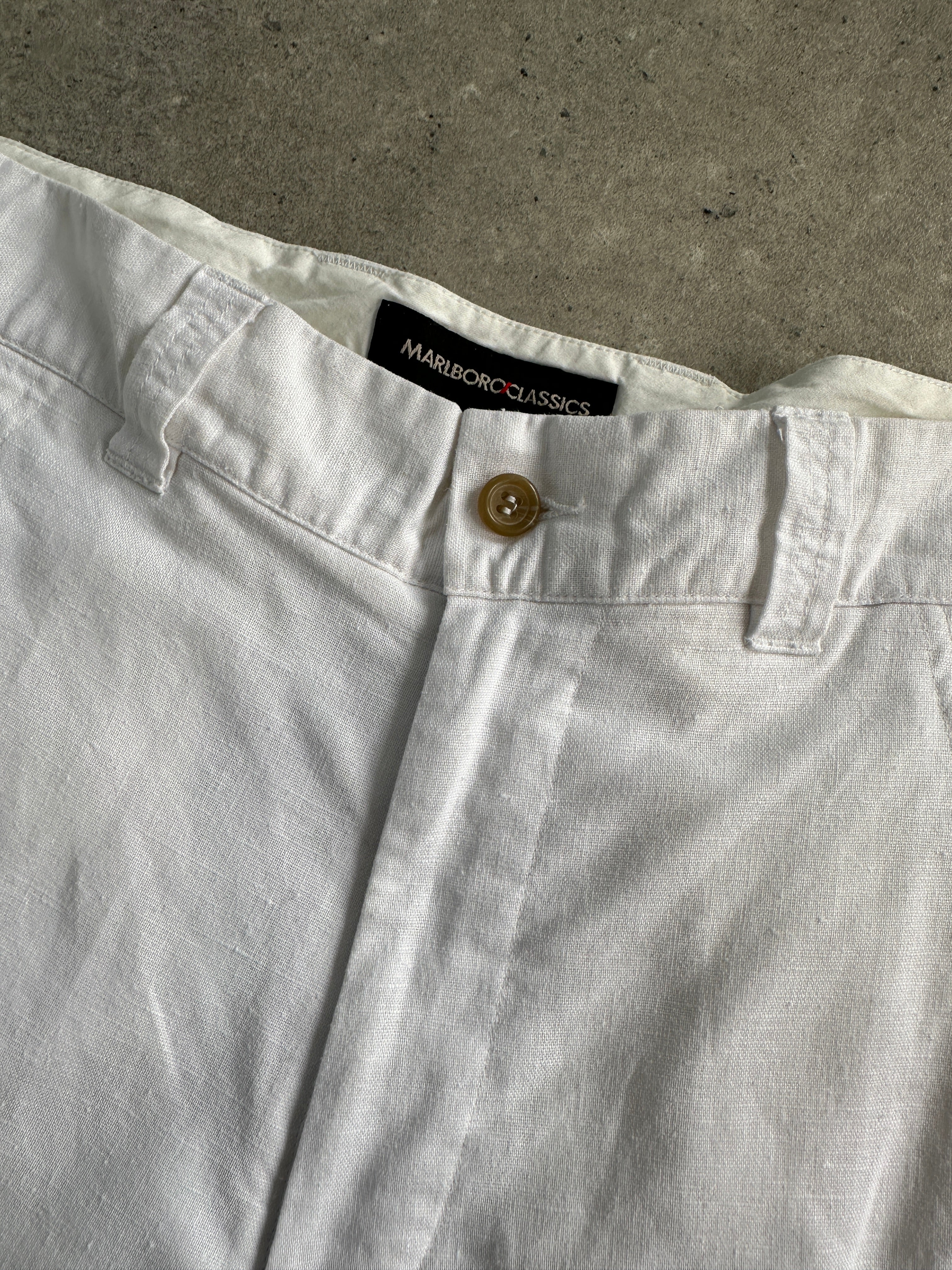 Marlboro Classics linen and cotton straight-leg high-waisted trousers in W28, beige color, with a tailored fit and classic style.